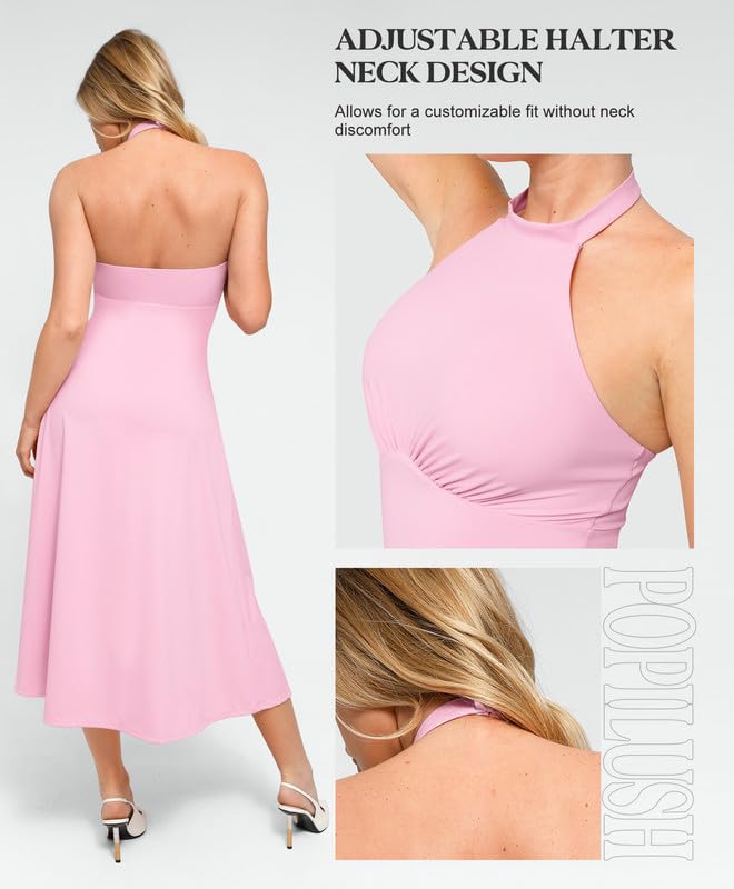 Popilush Shapewear Dress with Built-in Bra - Halter Neck Sleeveless Backless A-Line Midi Dress for Women | Wedding Guest Dress, Evening Party, Cocktail Attire