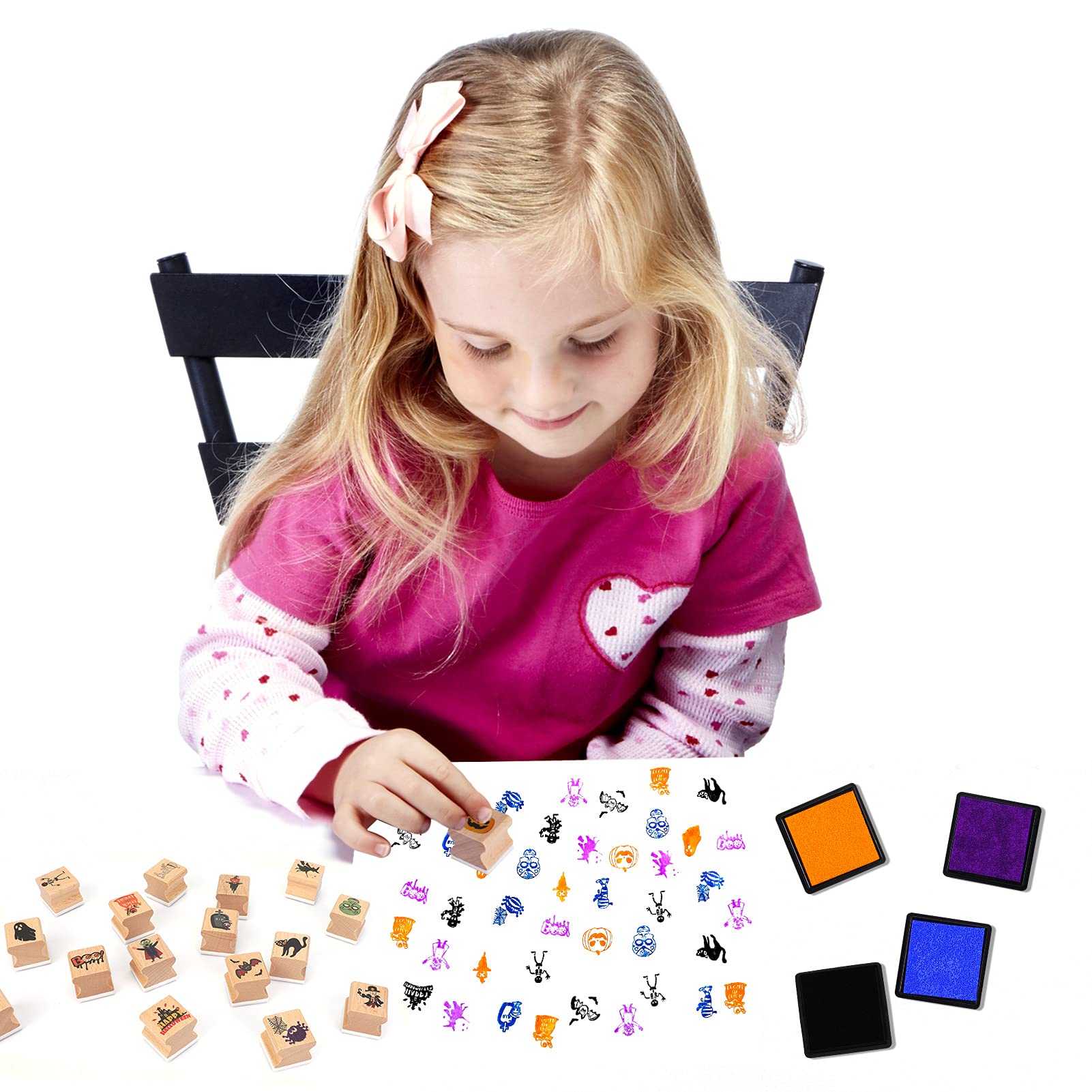 16 Pack Halloween Stamps for Kids - 4 cm Wooden Stamps with Ink Pad - DIY Scrapbooking, Card Making & Crafting Supplies - Perfect for Halloween Party Favors, Classroom Activities & Holiday Gift Giving