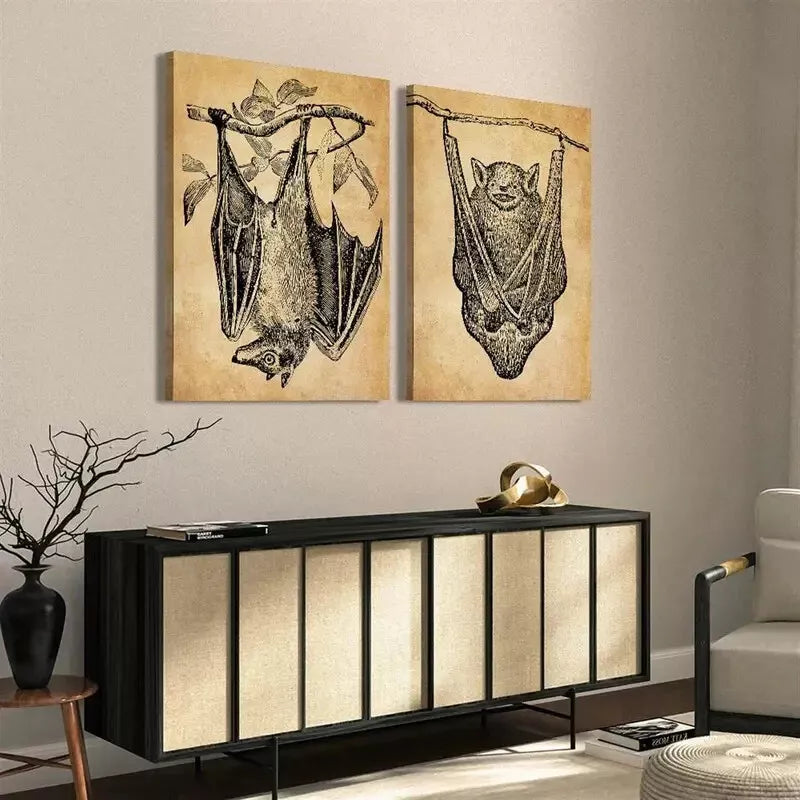 2-Piece Antique Gothic Retro Bat Canvas Wall Art Set - 50x75cm High-Quality Framed Print, 100% Australian Made, Ready to Hang - Perfect for Halloween Decor, Gothic Home Decor & Vampire Themed Rooms