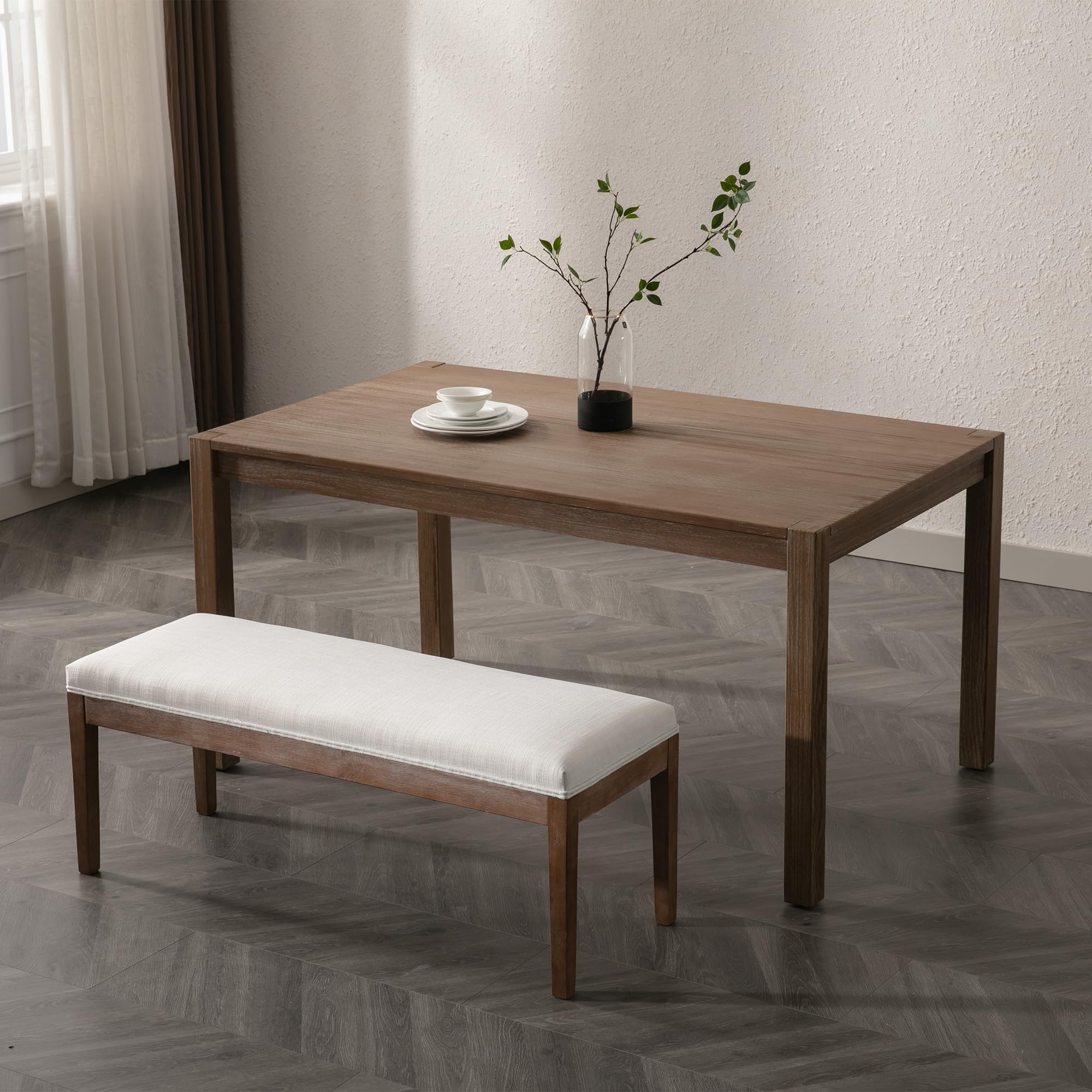 Farmhouse Entryway Bench with Wood Legs - Upholstered Shoe Storage Bench for Hallway, Porch, Bedroom, Dining Room - Linen Fabric, Beige - Perfect for Small Spaces, Mudroom Organization & Cozy Home Decor