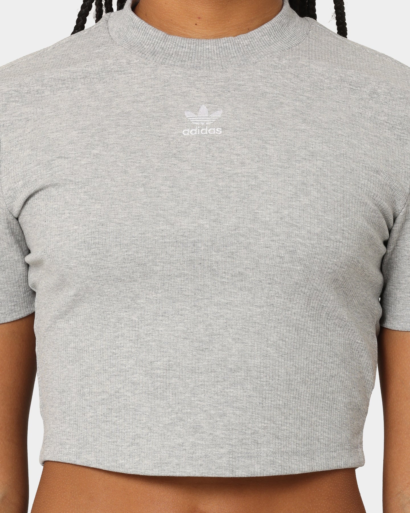 Adidas Women's Adicolor Essentials Rib Cropped T-Shirt - Medium Grey Heather - Casual Workout & Streetwear Fashion Top for Gym, Running & Everyday Wear