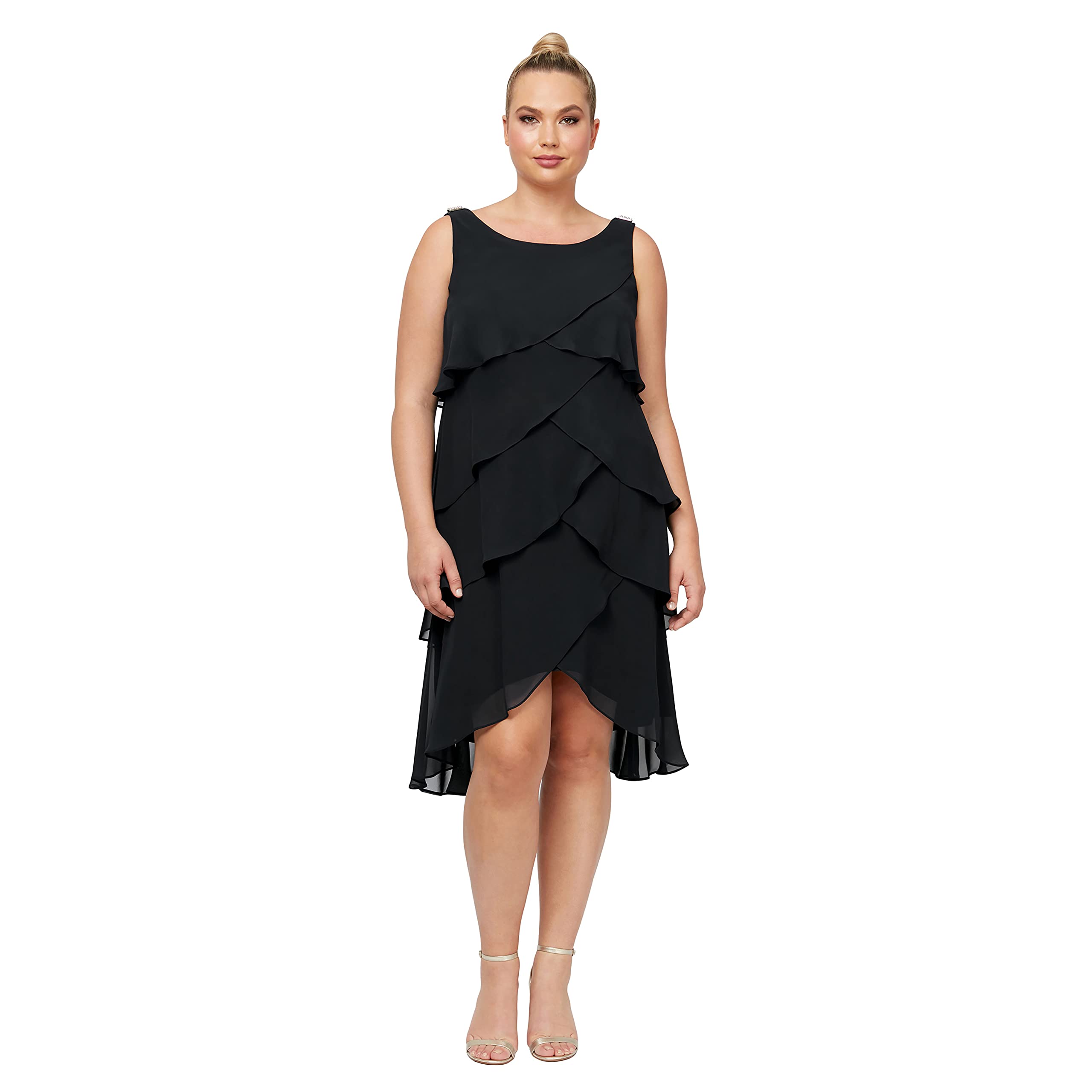 S.L. Fashions Women's Plus Size Solid Color Multi-Tier Embellished Shoulder Dress for Party, Wedding & Special Occasions