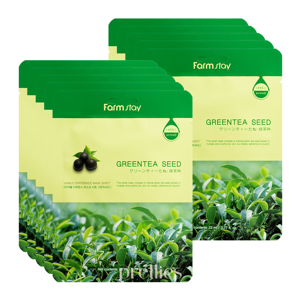 Farmstay Visible Difference Green Tea Seed Mask Sheet - 10 Pack (1 Sheet x 10pcs) for Hydrating & Brightening Skin - Korean Skincare for Dry & Dull Complexion - Perfect for Spa Day & Self-Care Routine