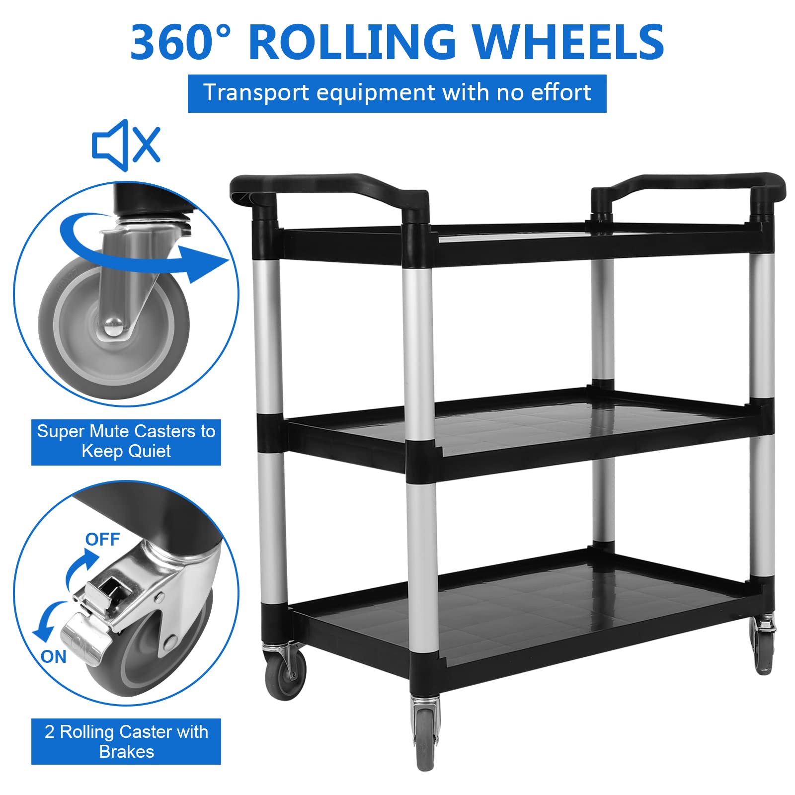 GARVEE 3-Tier Heavy Duty Utility Cart with Wheels - 360lbs Capacity Rolling Service Cart for Restaurant, Office, Warehouse & Garage - Perfect for Food Service, Storage Organization and Mobile Workstations