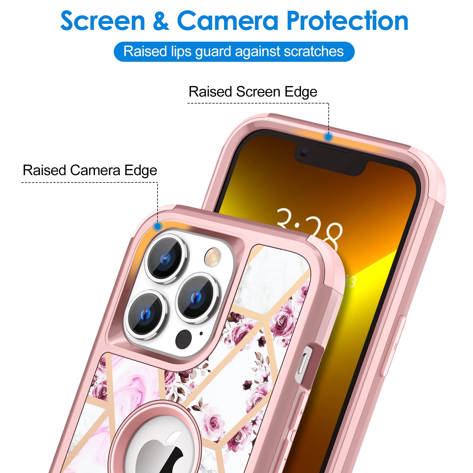 Hython Glitter Bling Shockproof iPhone 13 Pro Max Case - Heavy Duty 3-in-1 Hybrid Hard PC & Soft TPU Bumper Defender Protective Cover for Women & Girls (Floral/Marble Design) - Perfect for Daily Use, Travel & Gift Giving