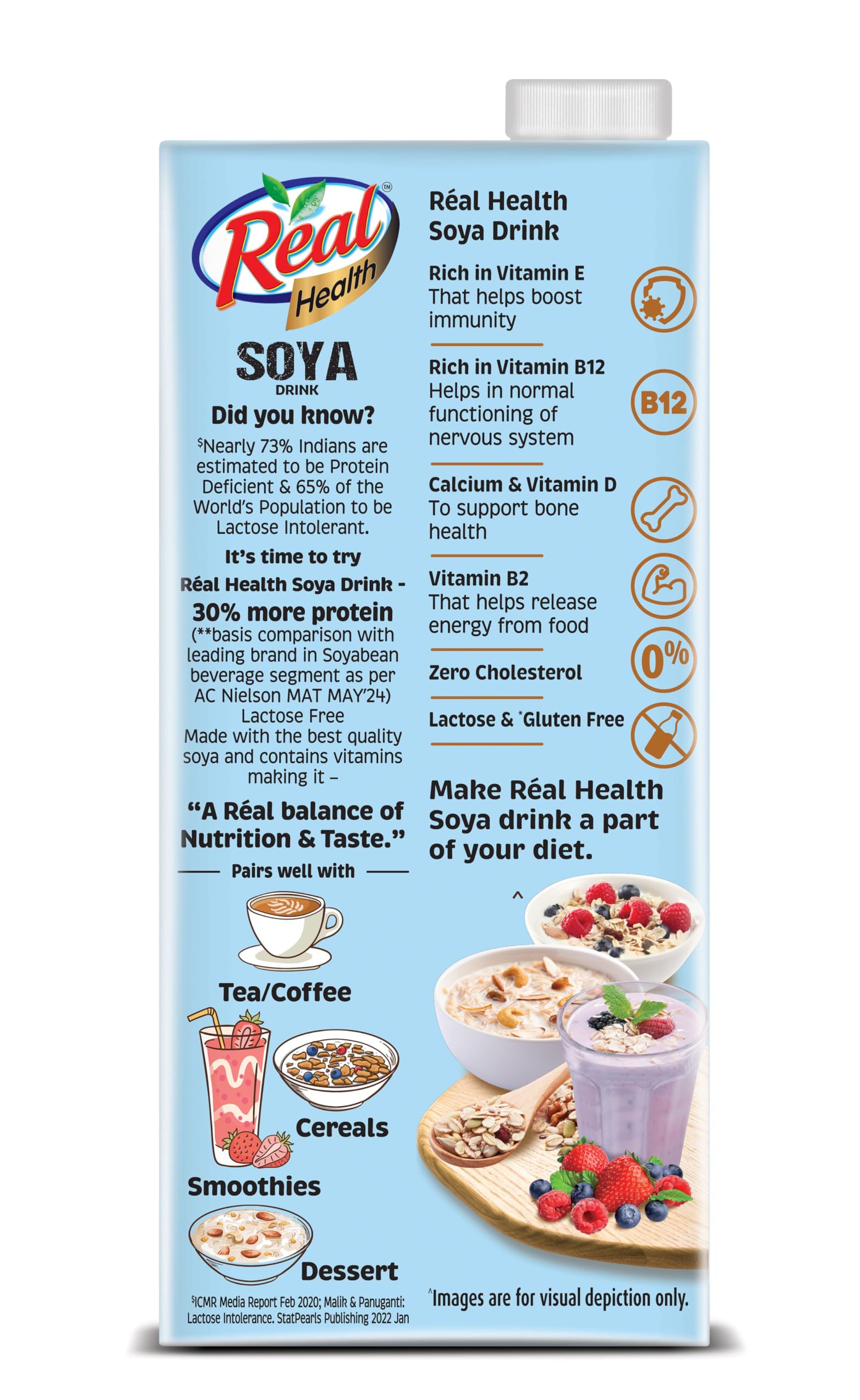Real Health SOYA Milk 1L - Sugar Free, Lactose Free, Cholesterol Free Plant-Based Beverage | Gluten Free & No Preservatives | Healthy Vegan Milk Alternative for Coffee, Smoothies & Breakfast