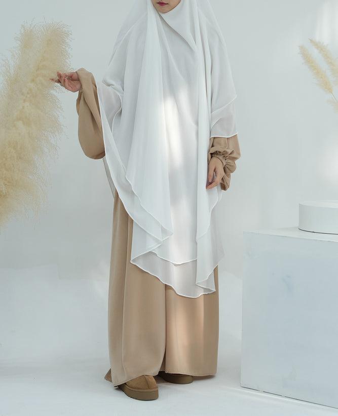 Extra Long Two Layer Chiffon Khimar Scarf - Elegant White Muslim Prayer Shawl for Women | Perfect for Hijab, Prayer, and Special Occasions