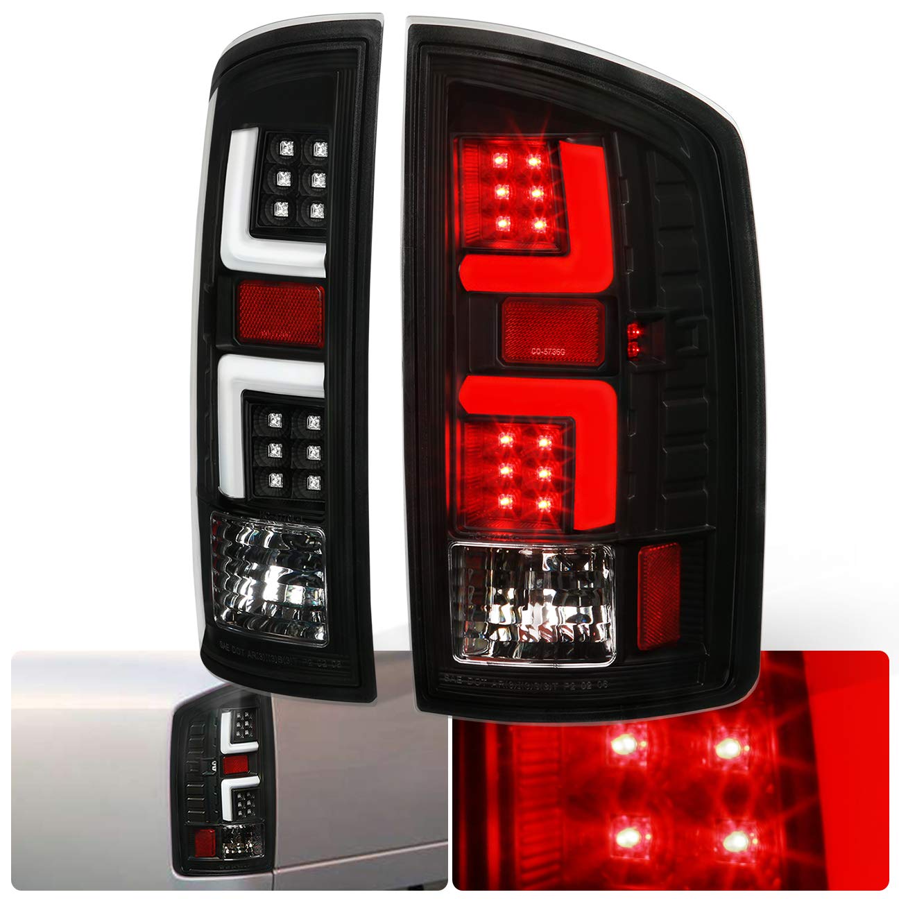 LED Tail Lights Brake Signal Lamps Assembly for Dodge Ram 1500/2500/3500 (2007-2009) - Black Housing, White Tube, Clear Lens - Upgrade for Enhanced Visibility & Style