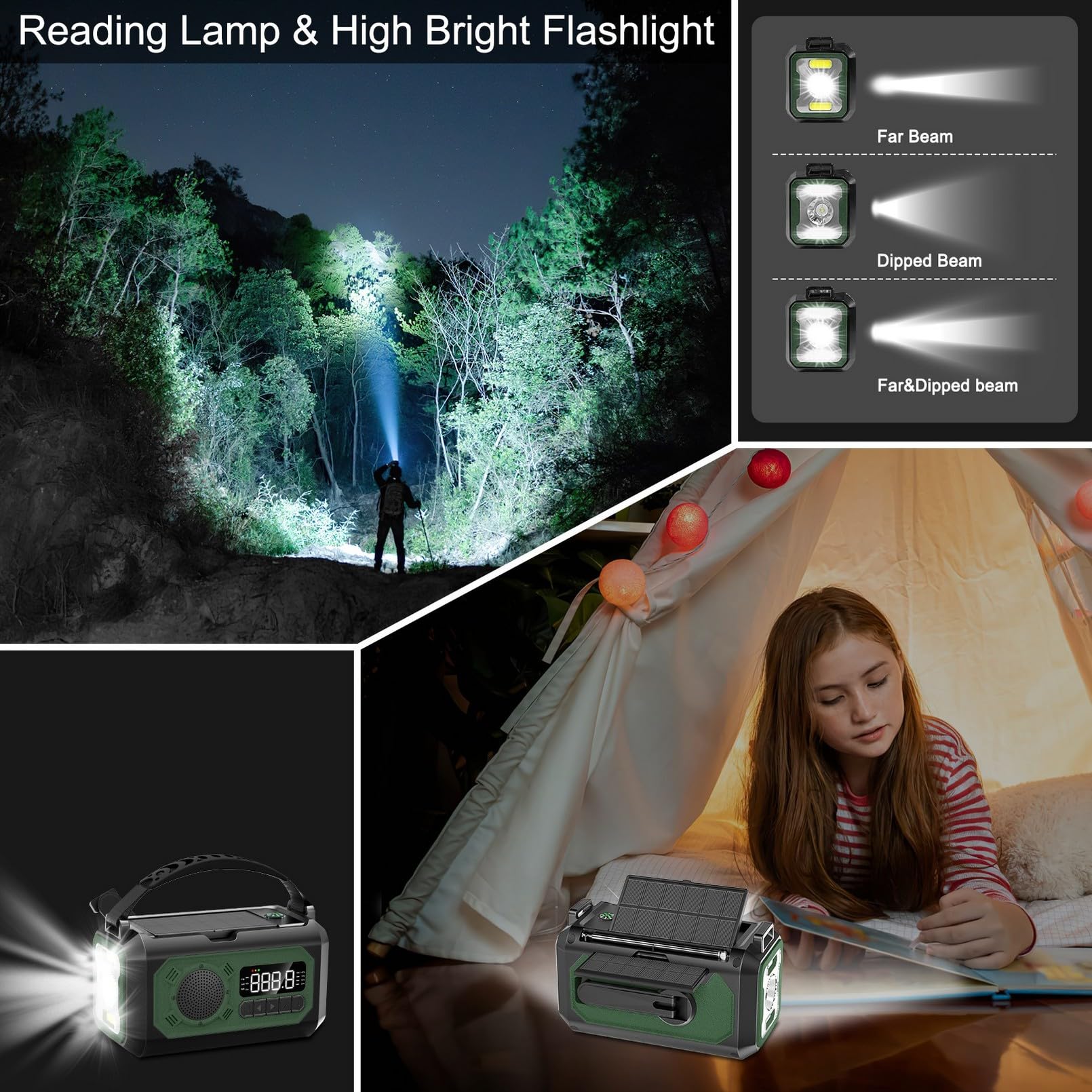 44400mWh Hand Crank Emergency Weather Radio with Solar Power - 12000mAh Portable NOAA/AM/FM Radio, Flashlight, Phone Charger, SOS Alarm & Compass - Perfect for Camping, Hiking and Emergency Preparedness (Grass Green)