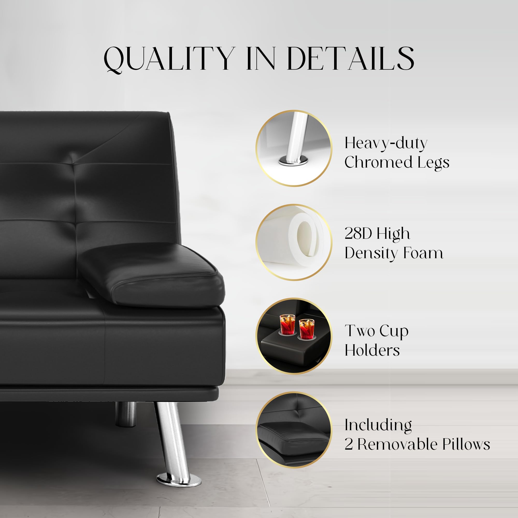 Yoyomax Modern Faux Leather Convertible Futon Sofa Bed with 2 Cup Holders & Pillows - Foldable Sleeper Couch for Small Spaces, Dorm Rooms, RVs, Home Offices - Perfect for Compact Living & Guest Sleeping (Black)