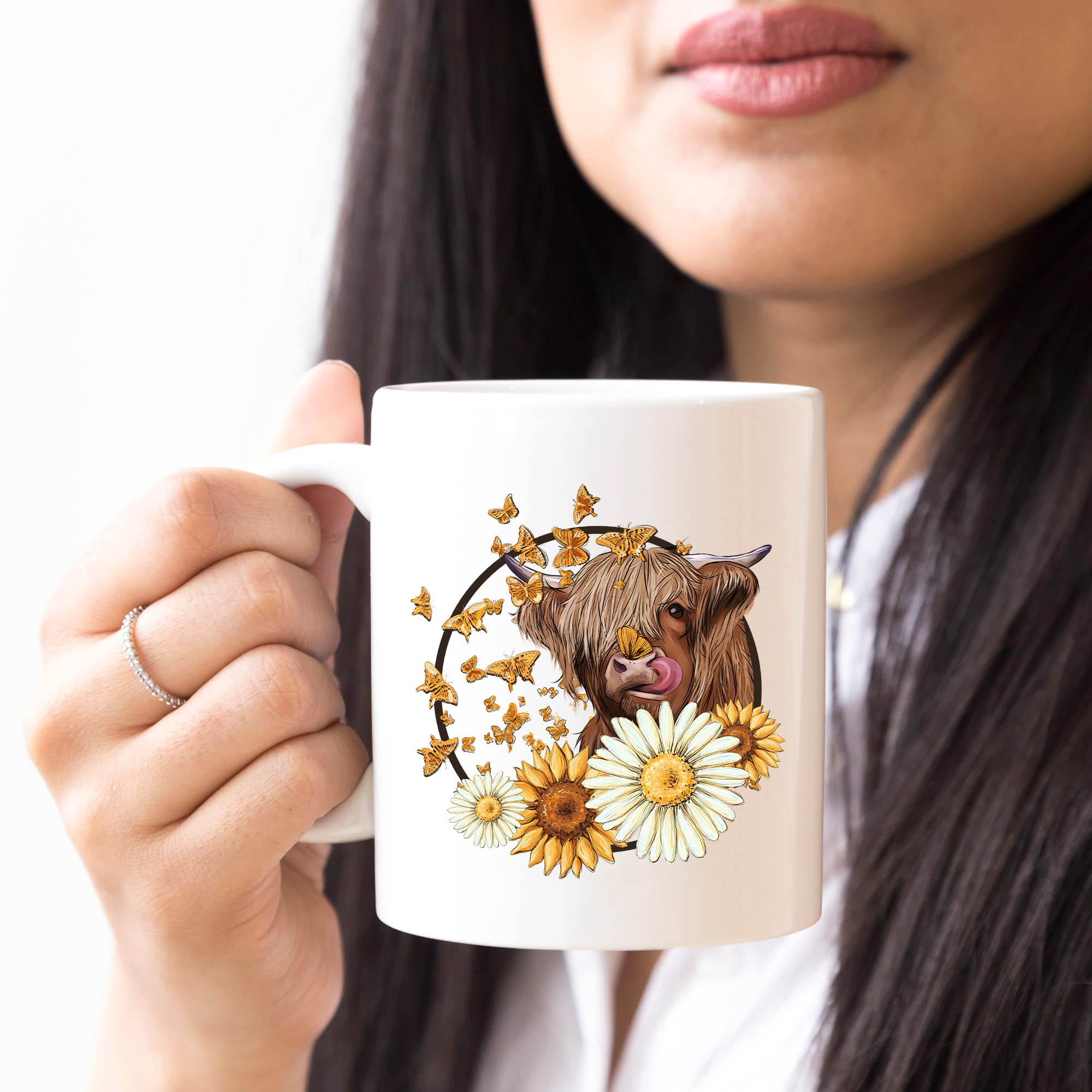 YouNique Designs 11oz Highland Cow Coffee Mug - Cute Cow Print Ceramic Cup for Women, Farmhouse Style White Cow Themed Mug - Perfect for Coffee, Tea, Hot Chocolate & Farmhouse Decor