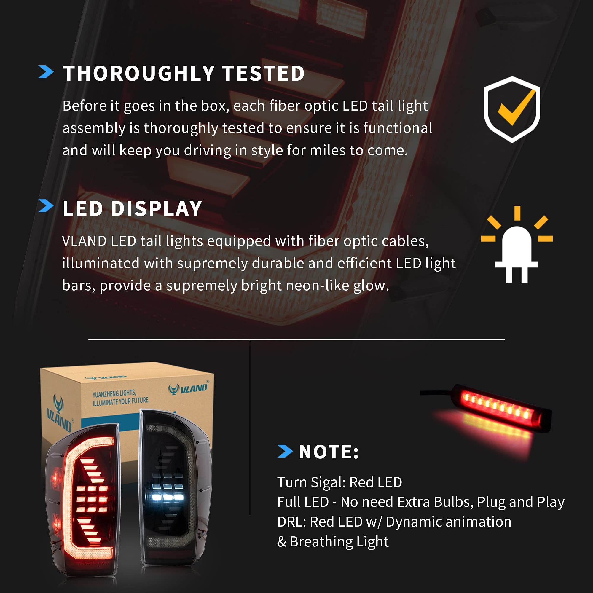 VLAND LED Tail Lights for Toyota Tacoma 2016-2020 - Dynamic Animation DRL with Red Sequential Turn Signals (Smoked/Tinted) - Driver & Passenger Side - Upgrade Your Truck's Style & Safety for Night Driving & Off-Road Adventures