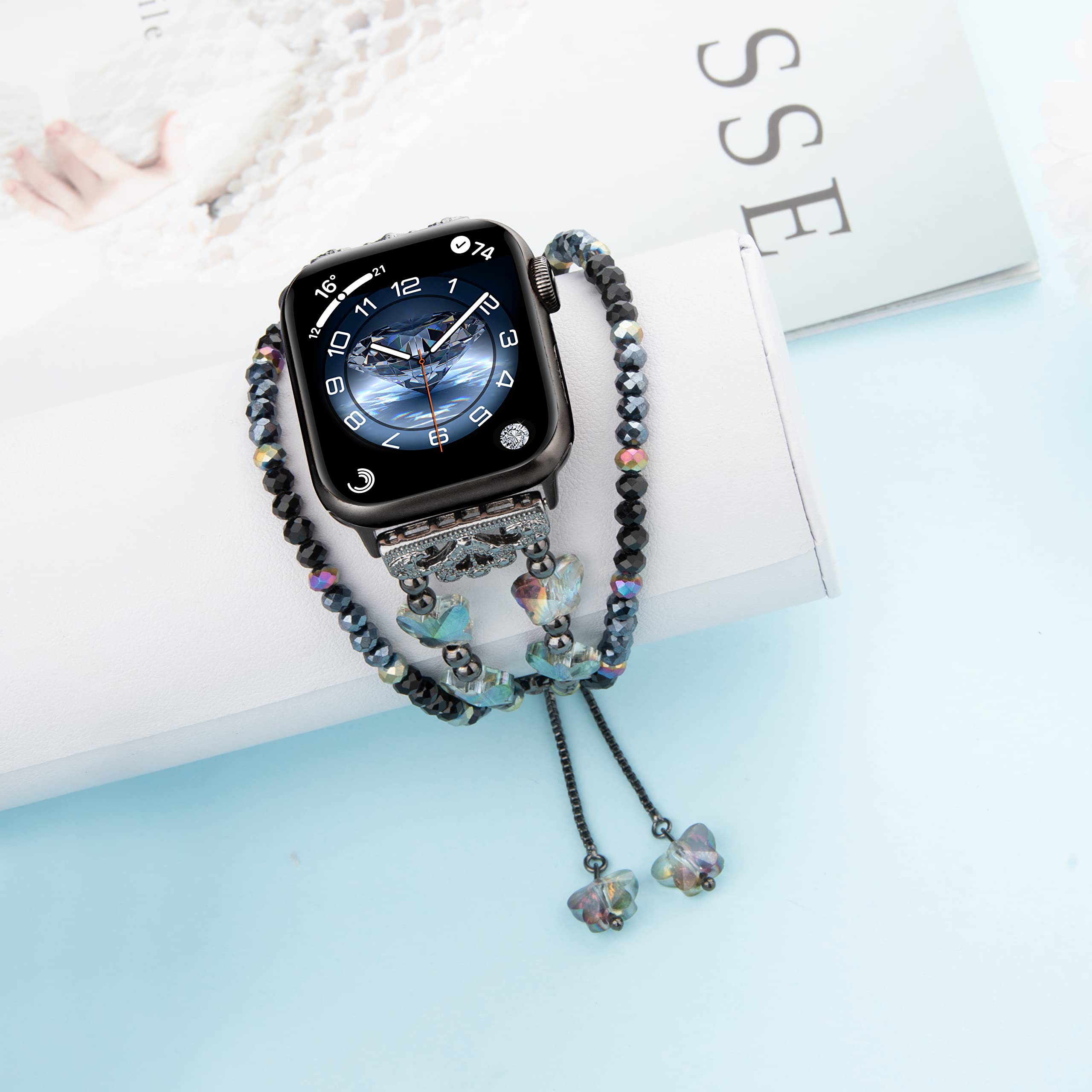TOMAZON Butterfly Beaded Charm Bracelet Band for Apple Watch Series 9/8/7/SE/6/5/4 (38mm/40mm/41mm) - Slim Crystal Wristband for Women, Handmade Bling Accessory - Perfect for Parties, Weddings & Everyday Wear