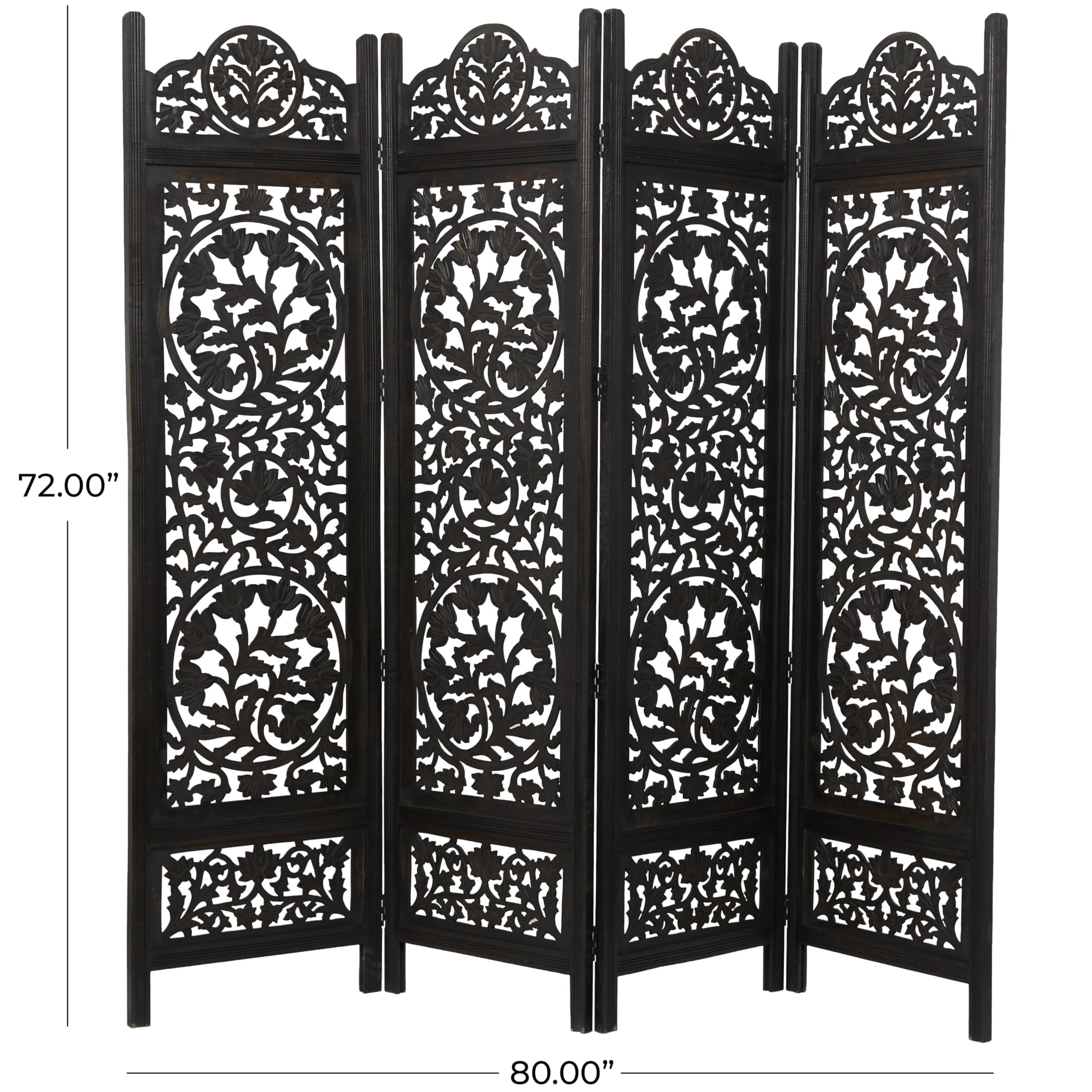 Deco 79 Handmade Wood Floral Room Divider Screen - 4 Panel Foldable Privacy Partition with Carved Design, 80