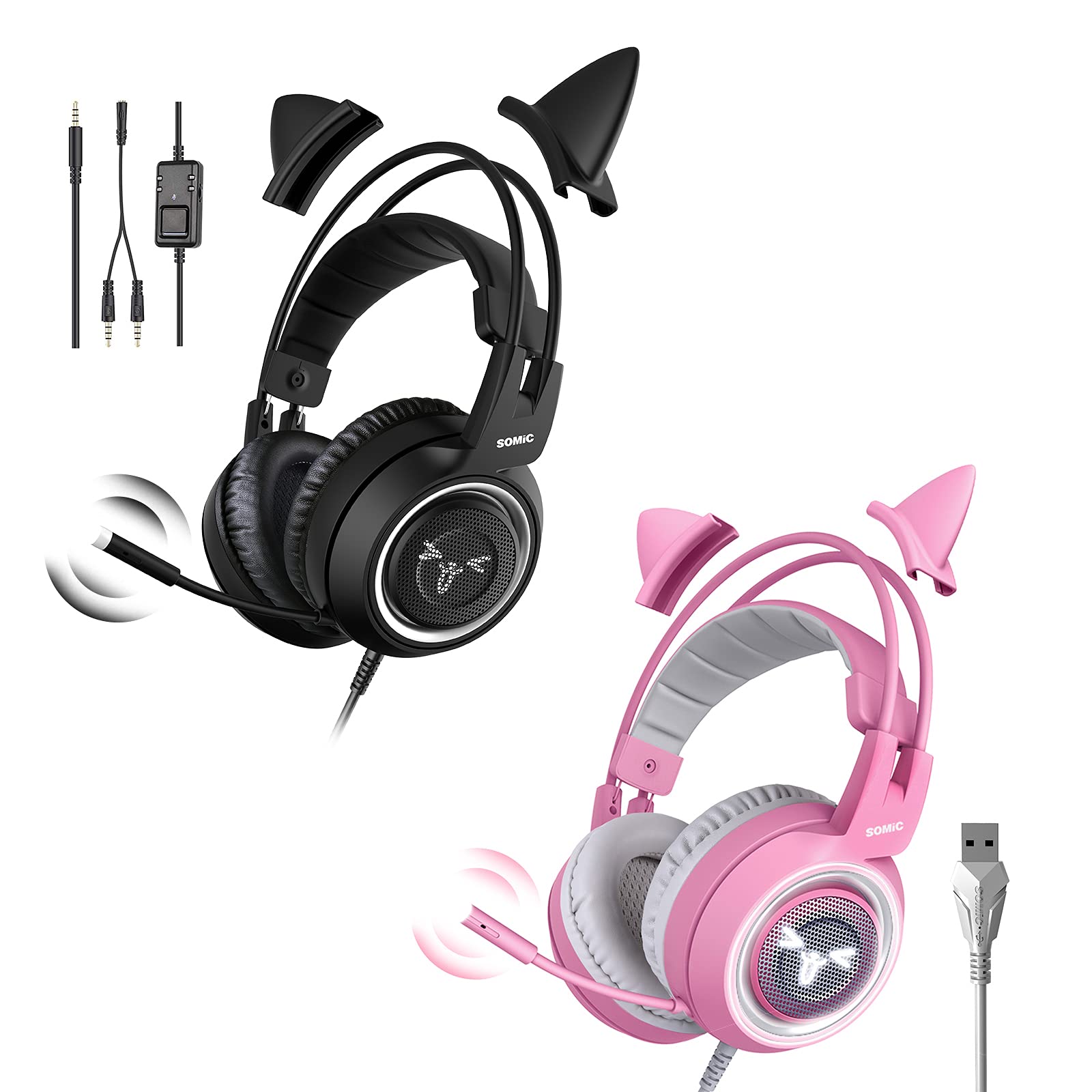 SOMIC G951s Black & G951 Pink Gaming Headset 2-Pack - Stereo Sound with Mic, LED Lights for PS4, PC, Xbox One - Perfect for Women Gamers & Streaming Setup