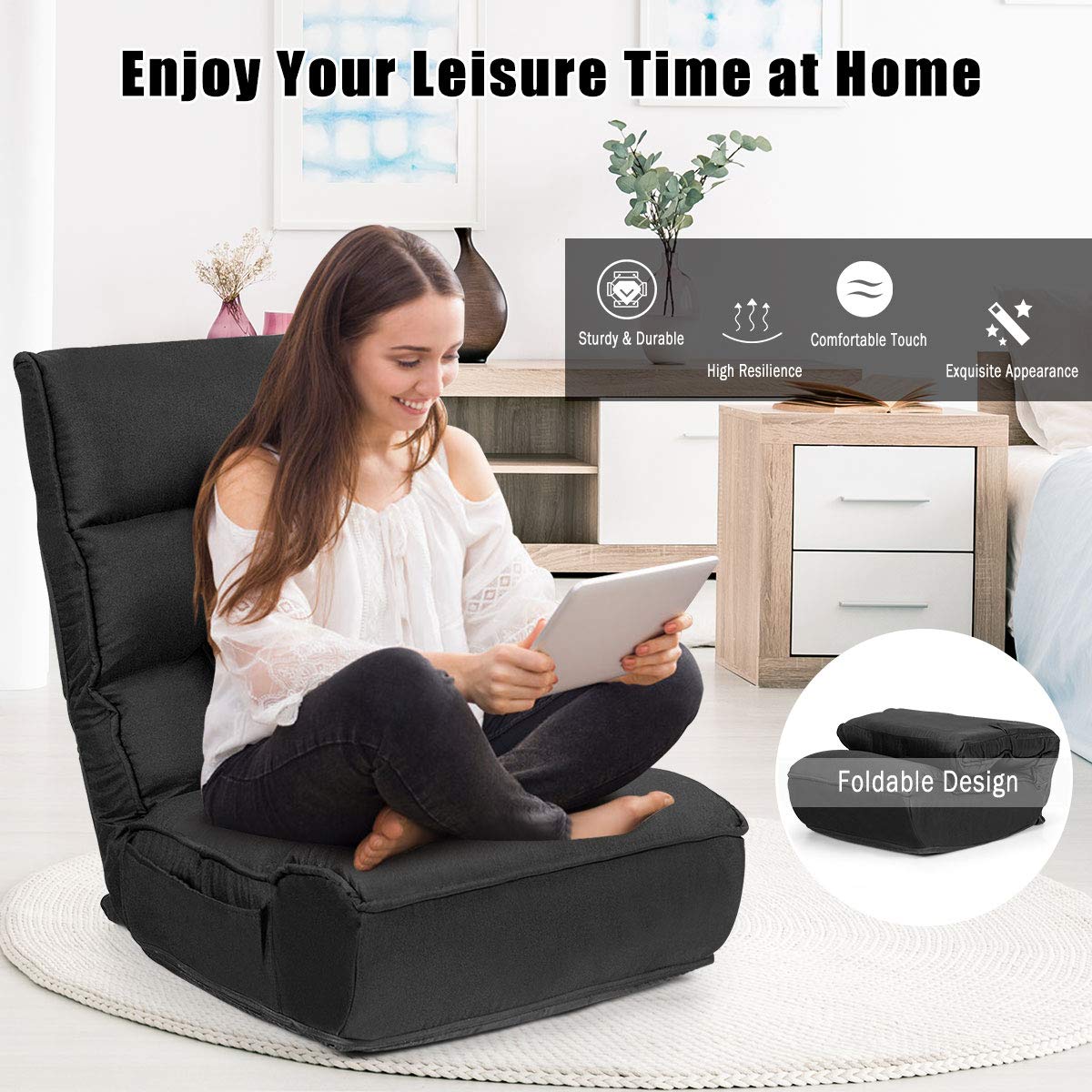 SAFSTAR Adjustable Folding Floor Chair - 5-Position Headrest & 4-Position Backrest Gaming Chair with Thick Cushion & Side Pocket - Comfortable Padded Seat for Living Room, Bedroom, Gaming, Reading & Relaxing