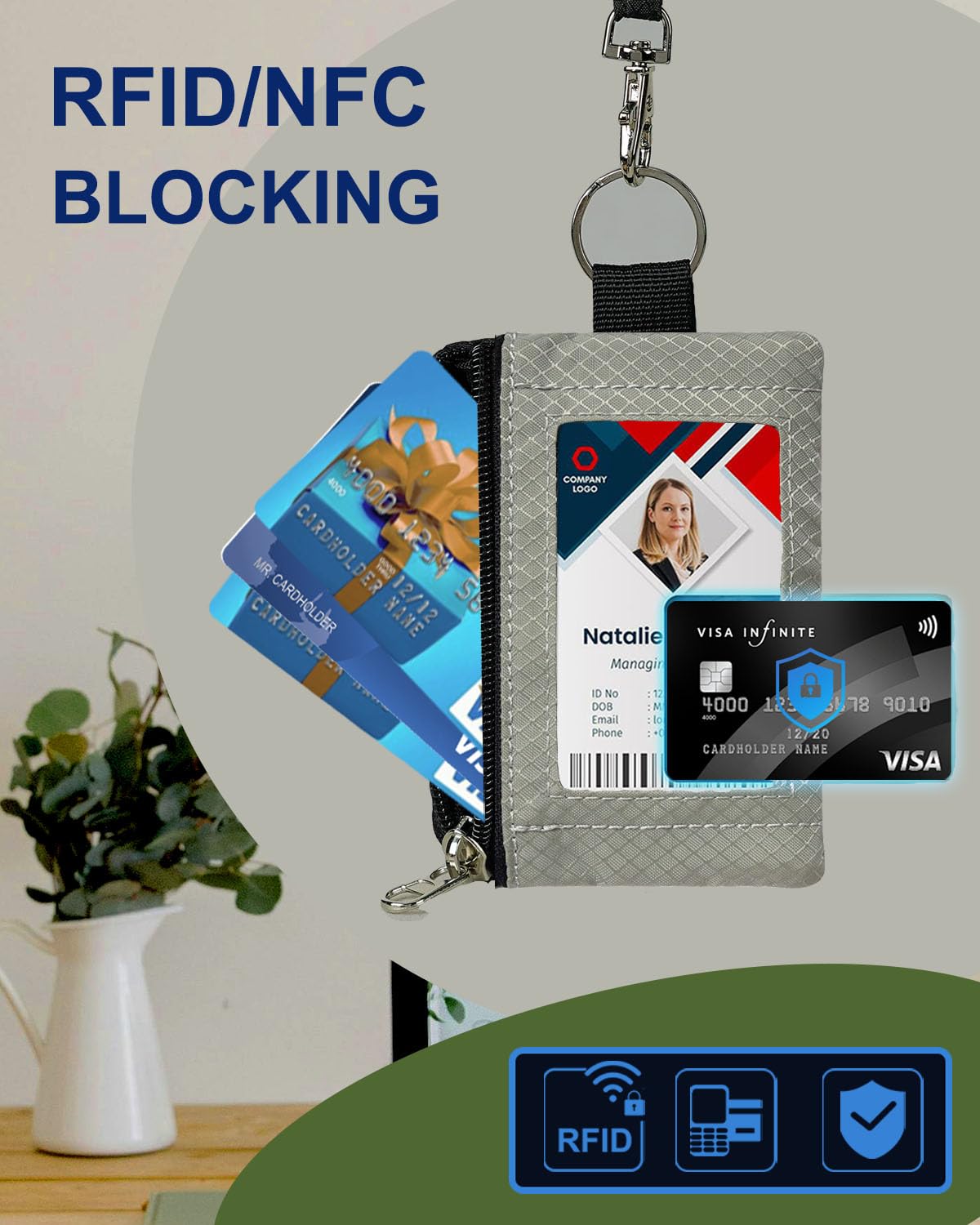 Slim RFID Blocking Wallet for Women & Men - Minimalist Keychain Wallet with Lanyard, Zipper ID Case & Card Holder - Compact Travel Wallet for Cards, Coins & Cash (Light Grey) | Perfect for Everyday Use, Business Travel & Secure Contactless Payments