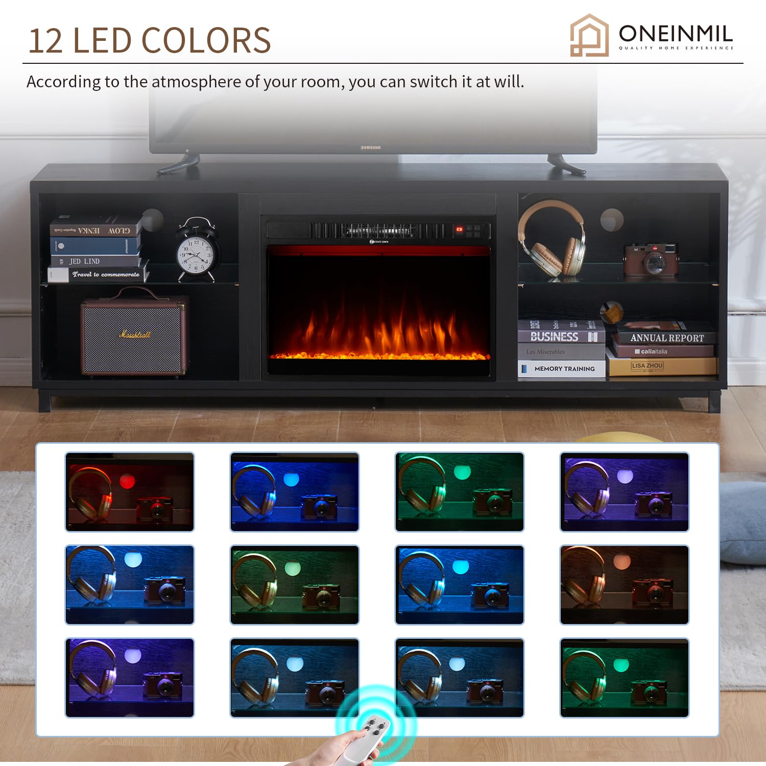 68 Inch Modern Fireplace TV Stand for 78 Inch TVs - 3D Electric Fireplace Entertainment Center with Wood Storage & Cable Management - Black TV Cabinet for Living Room (Perfect for Home Theater & Cozy Winter Nights)
