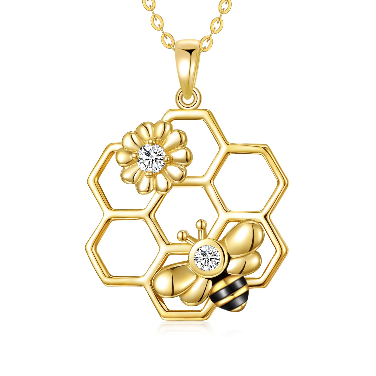 14K Yellow Gold Honey Bee Pendant Necklace for Women - Elegant Honeycomb & Heart Charm Jewelry Gift for Mom, Wife, Her | Perfect for Mother's Day, Anniversary & Romantic Occasions