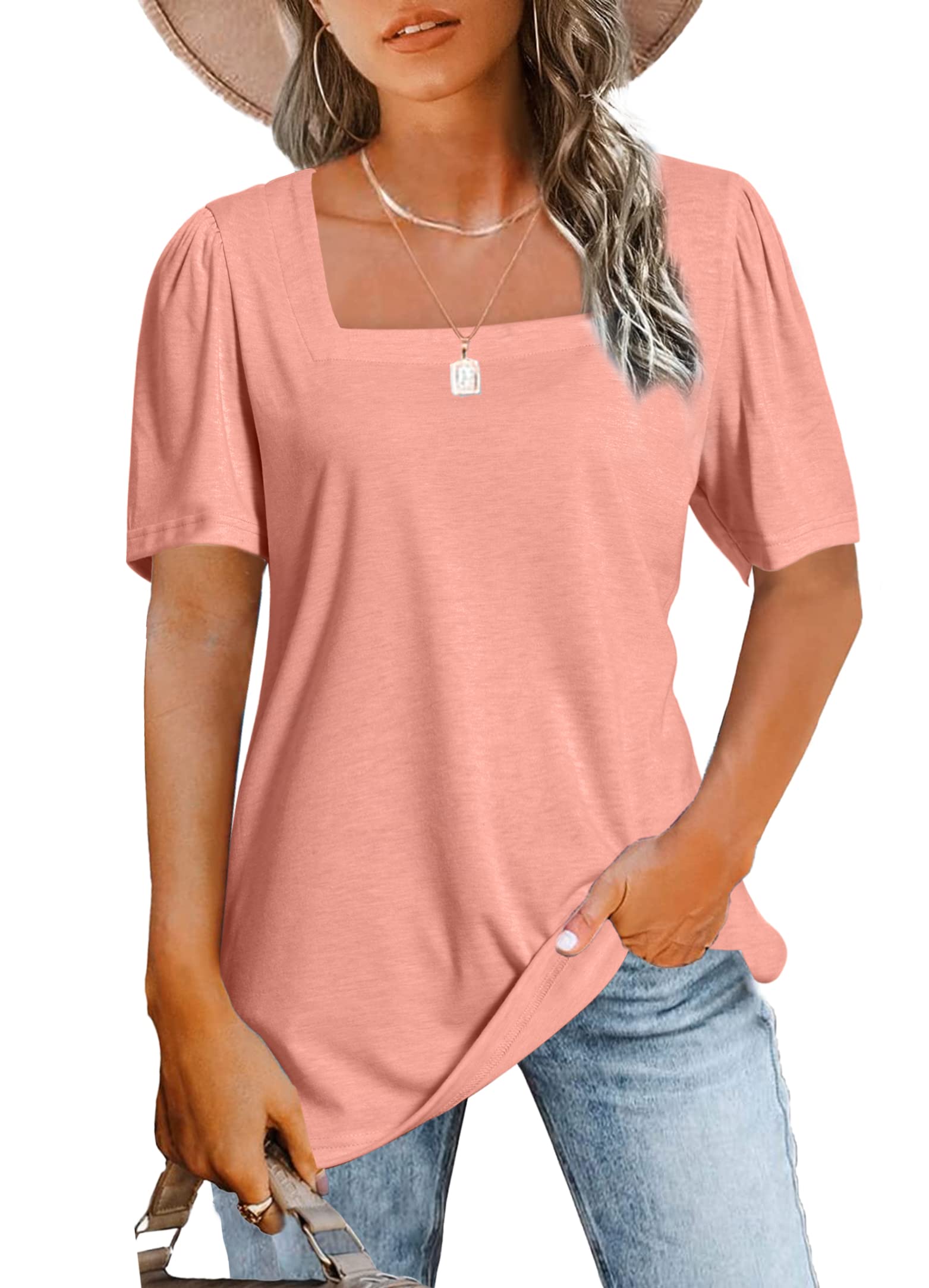 JomeDesign Women's Casual Short Sleeve Square Neck T-Shirt - Puff Sleeve Loose Blouse for Summer | Perfect for Beach Outings, Date Nights & Everyday Wear