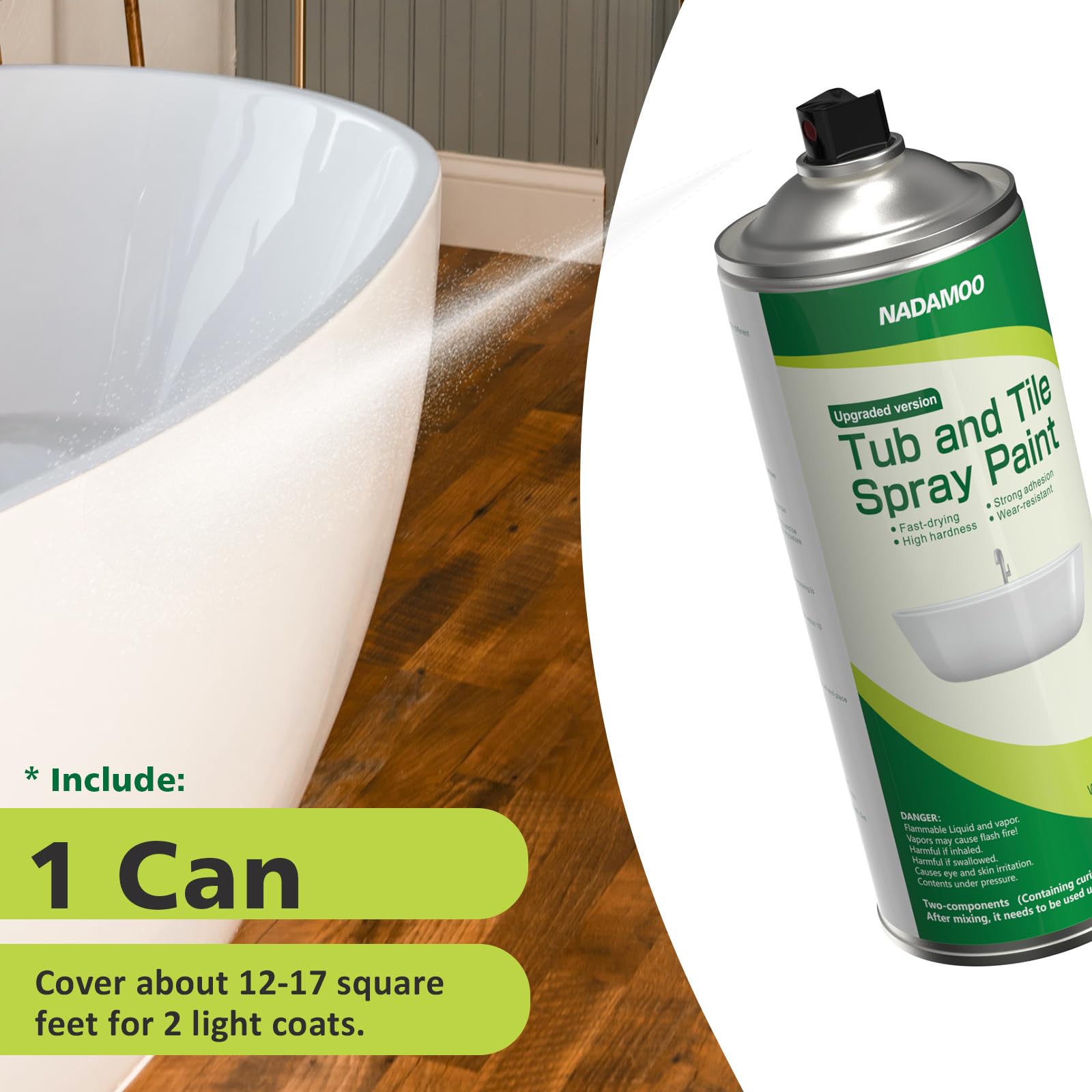NADAMOO 2-Parts Tub and Tile Spray Paint - Semi-Gloss White Enamel Aerosol Refinishing Kit for Bathroom, Porcelain Bathtub, Sink (1 Can) - Easy DIY Bathroom Renovation & Home Improvement Solution