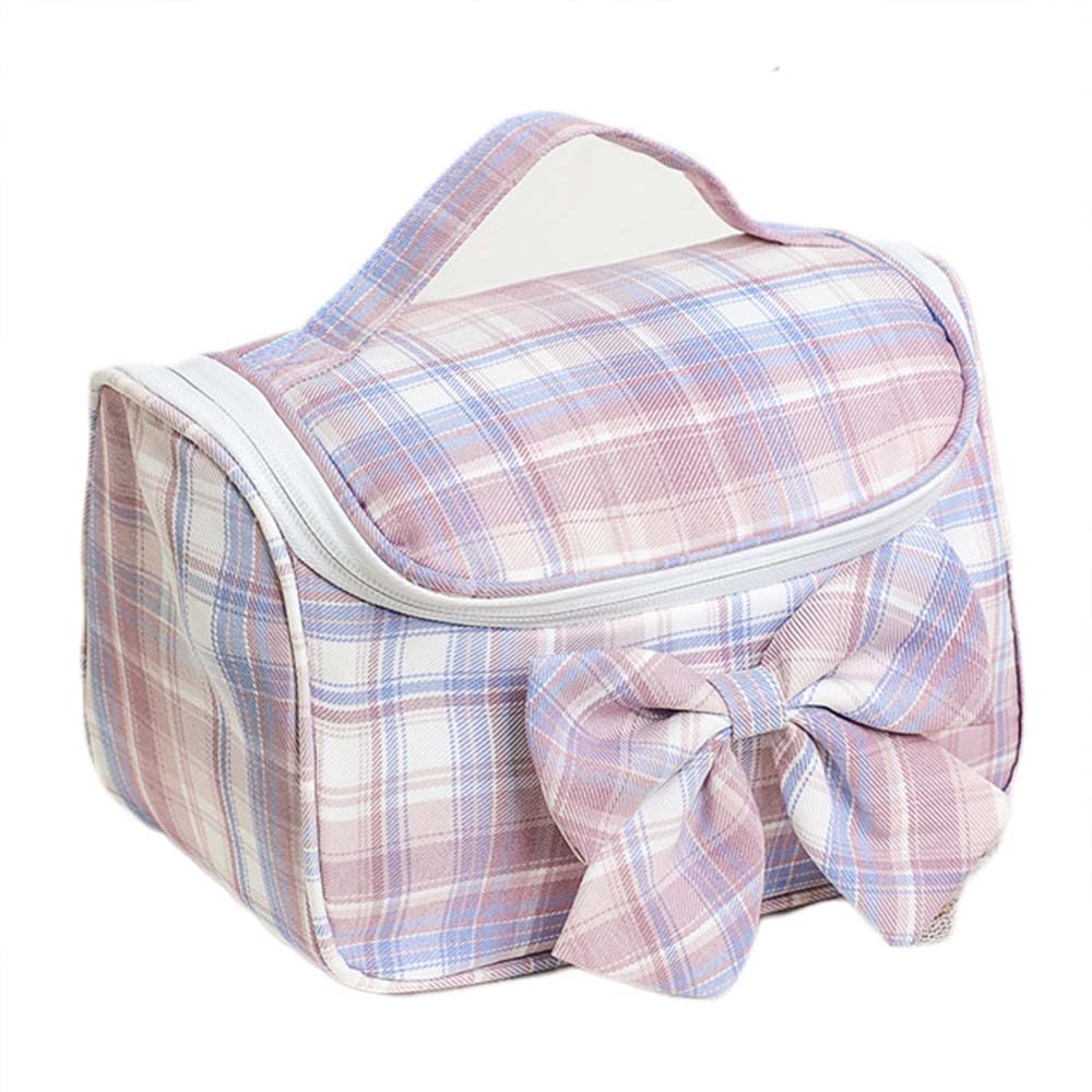 Cute Plaid Makeup Bag with Big Bow - Large Capacity Cosmetic Organizer for Travel & Storage - Kawaii Toiletry Bag for Women & Girls (Purple) - Perfect Gift for Travel, Home, and Daily Use