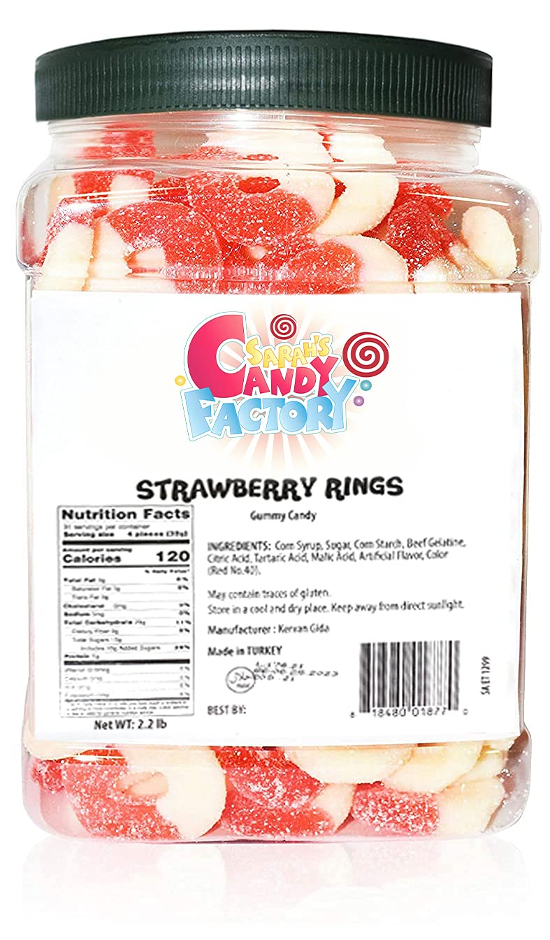 Sarah's Candy Factory Gummy Rings Candy in Jar - 2.2 Lbs Bulk Strawberry Flavored Gummies | Party Favors, Movie Night Snacks, Office Treats & Gift Ideas