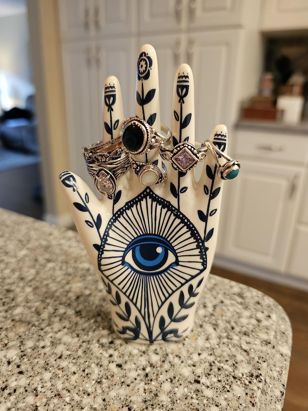 Hamsa Hand Ring Holder with Blue Evil Eye - Boho Decor Ring Stand & Organizer for Bathroom, Bedroom, Vanity - Aesthetic Room Decor, Preppy Home Gifts for Women - Perfect for Yoga Studios, Meditation Spaces & Spiritual Decor