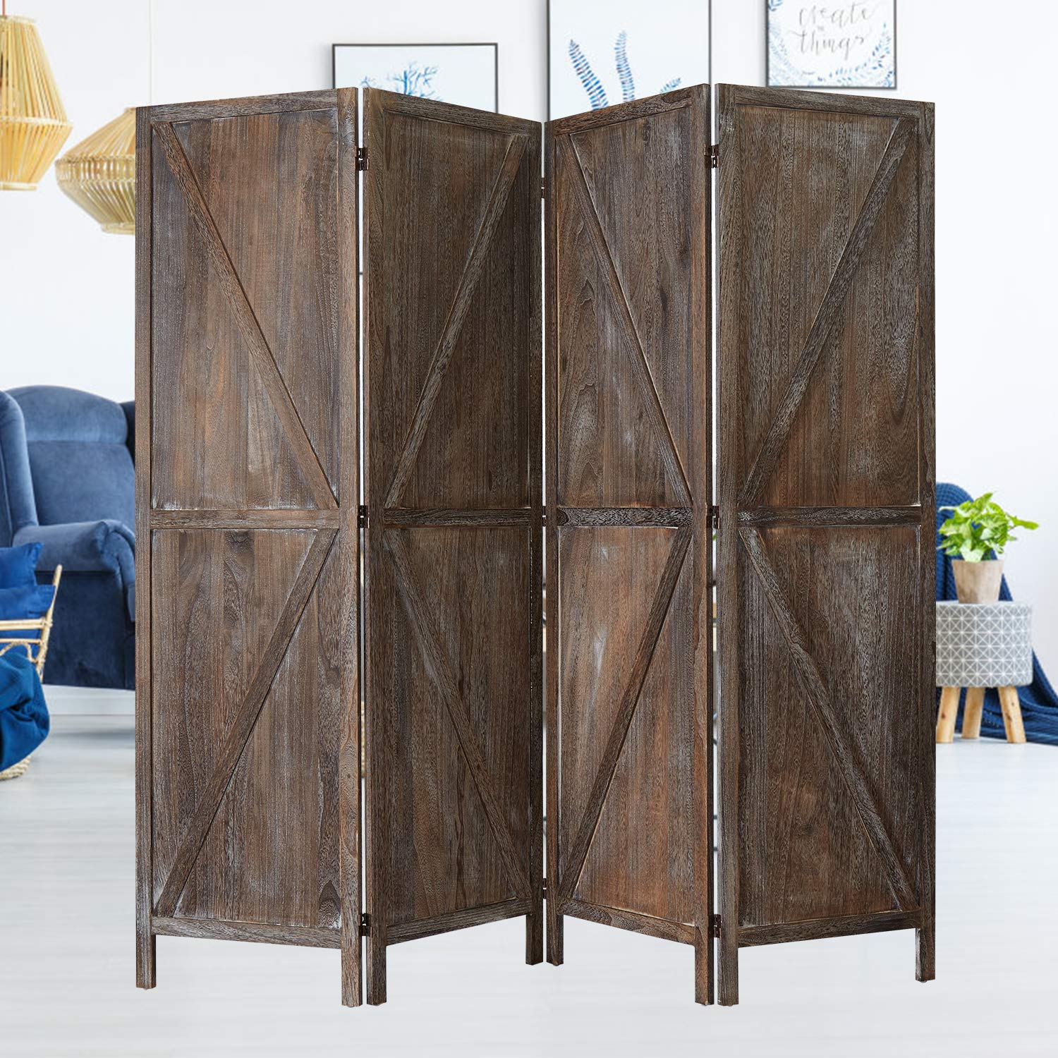 6FT Wooden Room Divider - 4 Panel Folding Partition Screen for Home, Office & Bedroom | Portable Privacy Screen for Indoor Use in Bathroom, Pool Area & Living Space | Brown Finish Home Decor