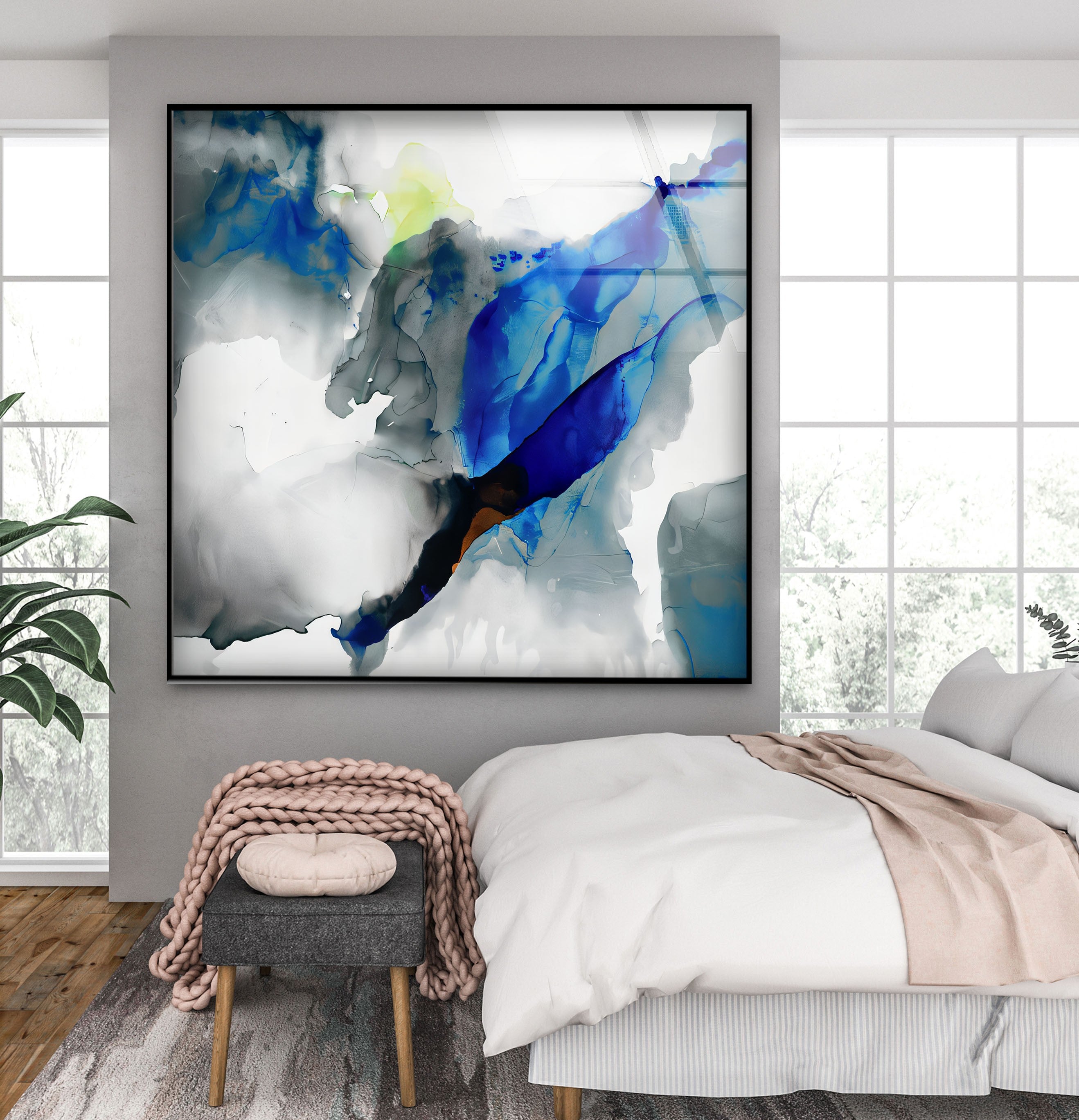 Azure Drift - Modern Abstract Blue Glass Wall Art Decor for Living Room, Bedroom & Office | Handmade Contemporary Artwork for Home & Office Interior Design