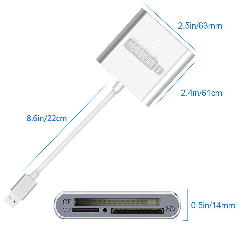 Memwah Aluminum USB 3.0 Multi-Card Reader - 3-in-1 High-Speed Memory Card Adapter for CF/SD/Micro SD - Compatible with MacBook Pro, iMac, Windows PC & Laptops - Perfect for Photographers, Videographers & Data Transfer