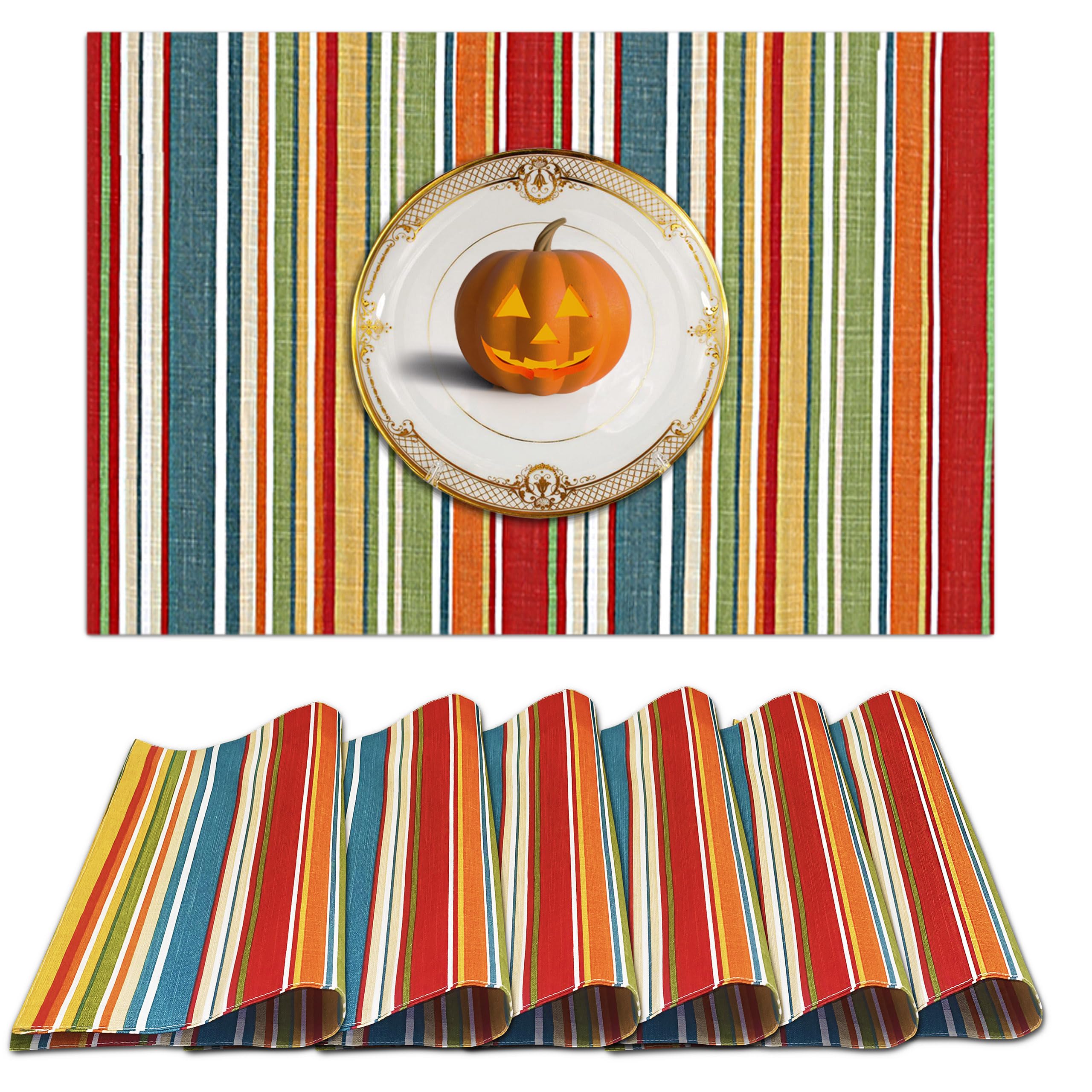 Premium Ruvanti 100% Cotton Placemats Set of 6 - 13x19 Inch Washable Dining Table Mats for Everyday Use, Holiday Dinners & Kitchen Decor | Multi-Stripe Design for Christmas, Thanksgiving & Family Gatherings