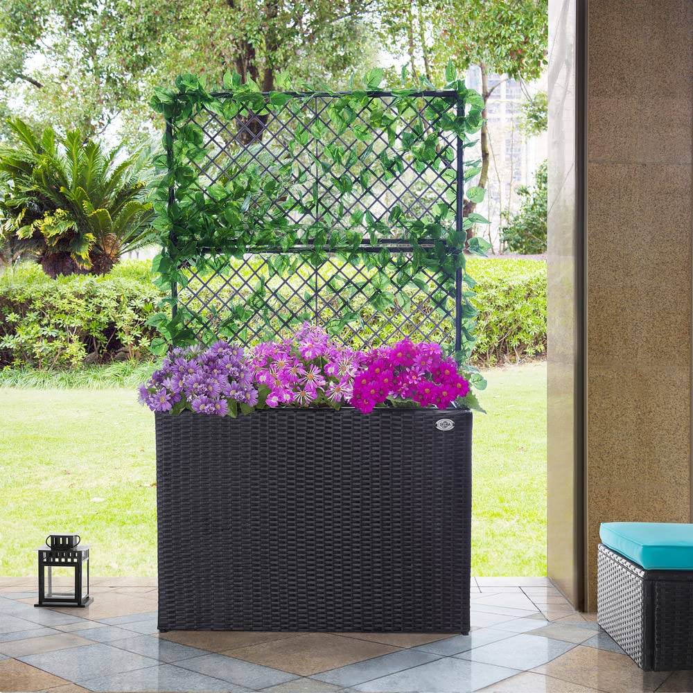 Casaria Black Wicker Flower Planter Set with Trellis - 3 Piece Rattan Garden Planters 57.5