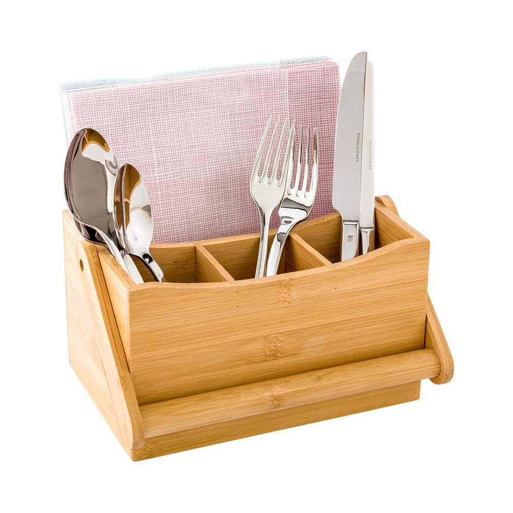 Restaurantware 8.25 x 5 x 9.25 Inch Silverware Caddy with Napkin Holder - Durable Outdoor Utensil Organizer with Built-In Handle, 4 Slots for Knives Forks Spoons - Bamboo Picnic & Camping Essential for Outdoor Dining