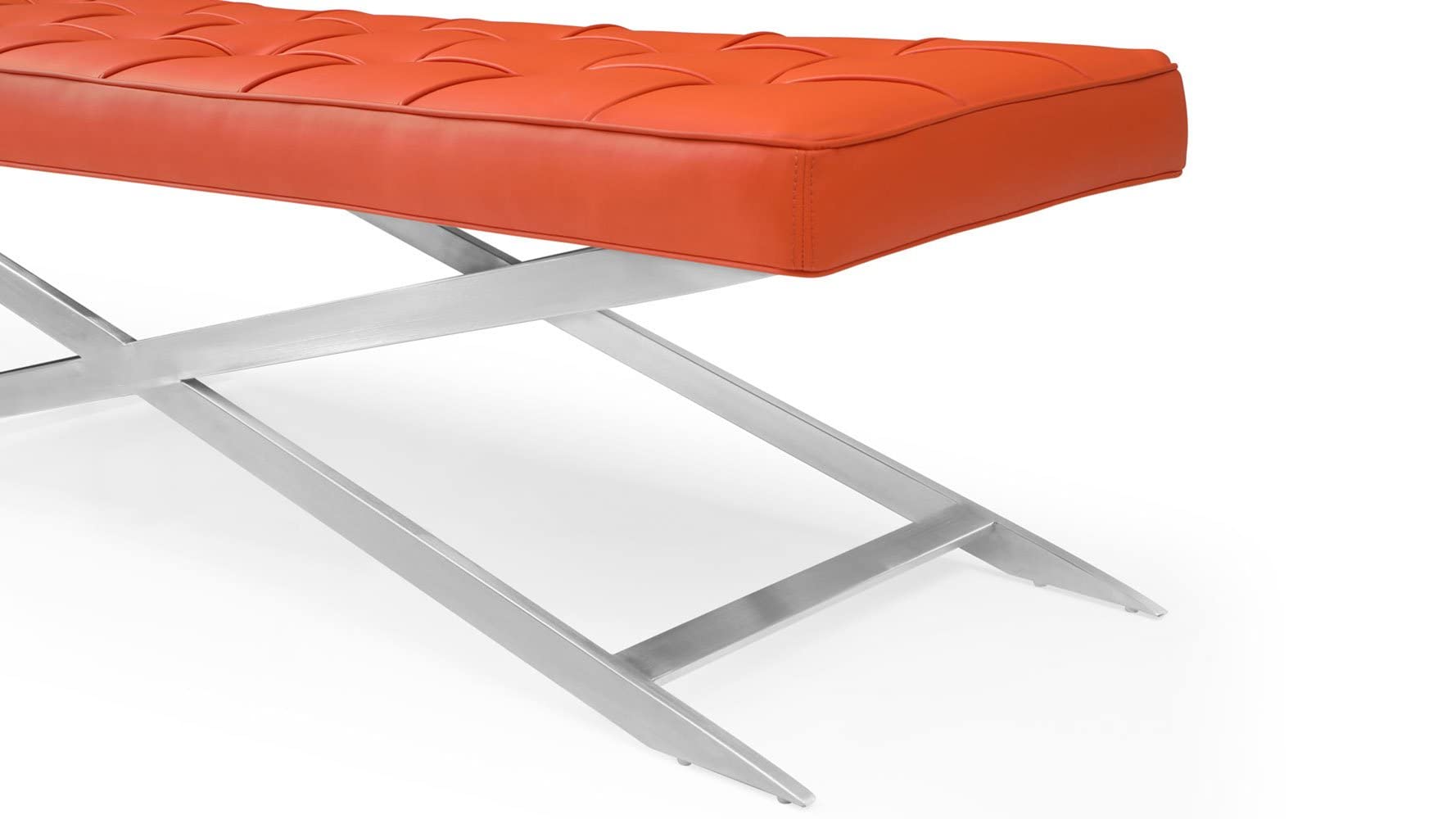 ZURI Modern Ruth Orange Leatherette Button Tufted Long Bench with Brushed Stainless Steel X-Shaped Base - Stylish Entryway Seating for Living Room, Bedroom or Hallway
