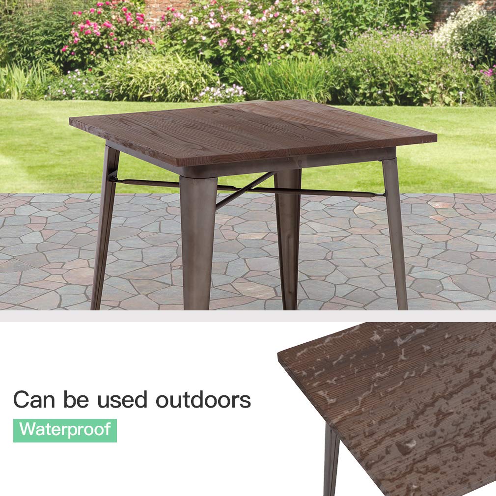 Heavy Duty Outdoor Dining Table 31x31 Inches - Metal Base with Wood Top for Patio, Restaurant & Home - Bronze Finish Indoor/Outdoor Kitchen & Coffee Table for Backyard, Garden & Cafe Use