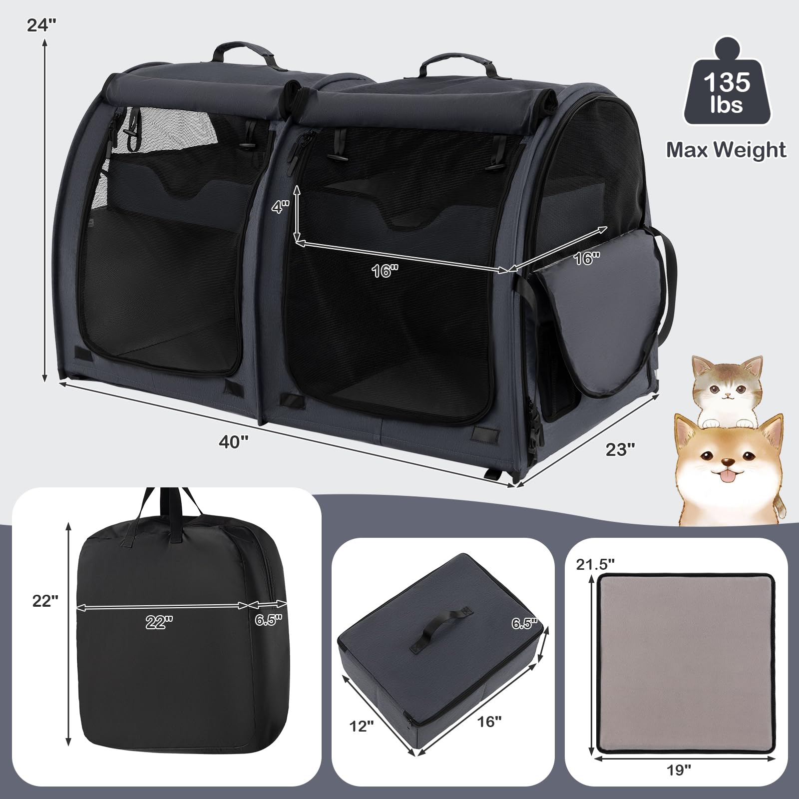 **40 Inch Large Cat Carrier with Double Compartments - Portable Soft-Sided Pet Kennel for Cats & Small Dogs, Includes 2 Removable Hammocks, Dual-use Mats & Litter Box, Carry Bag & Ground Stakes (Black) - Perfect for Travel, Vet Visits & Outdoor Adventures**