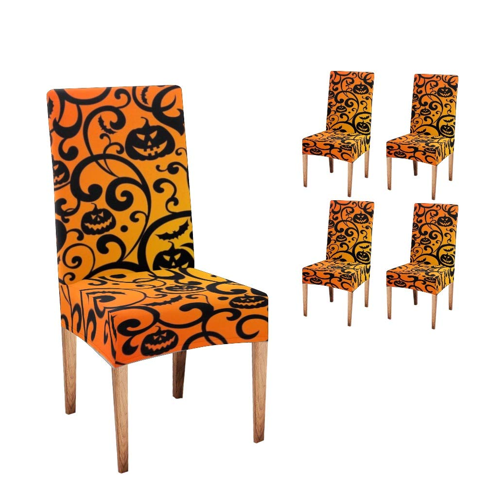XIUCOO Stretch Chair Covers - Soft Halloween Pumpkin Floral Design, 4-Piece Dining Room Seat Protector Set for Parties & Home Decor | Fits Most Chairs, Easy to Clean
