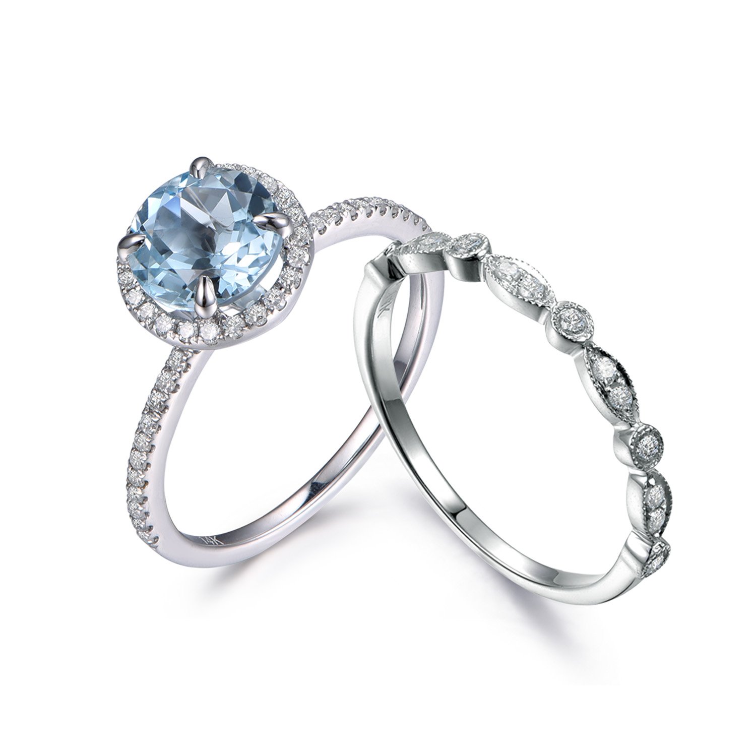 14K White Gold Half Eternity Wedding Ring Set with Round Aquamarine & Diamond Engagement Ring - 4 Prong Setting for Bridal Jewelry, Anniversary Gift & Special Occasions
