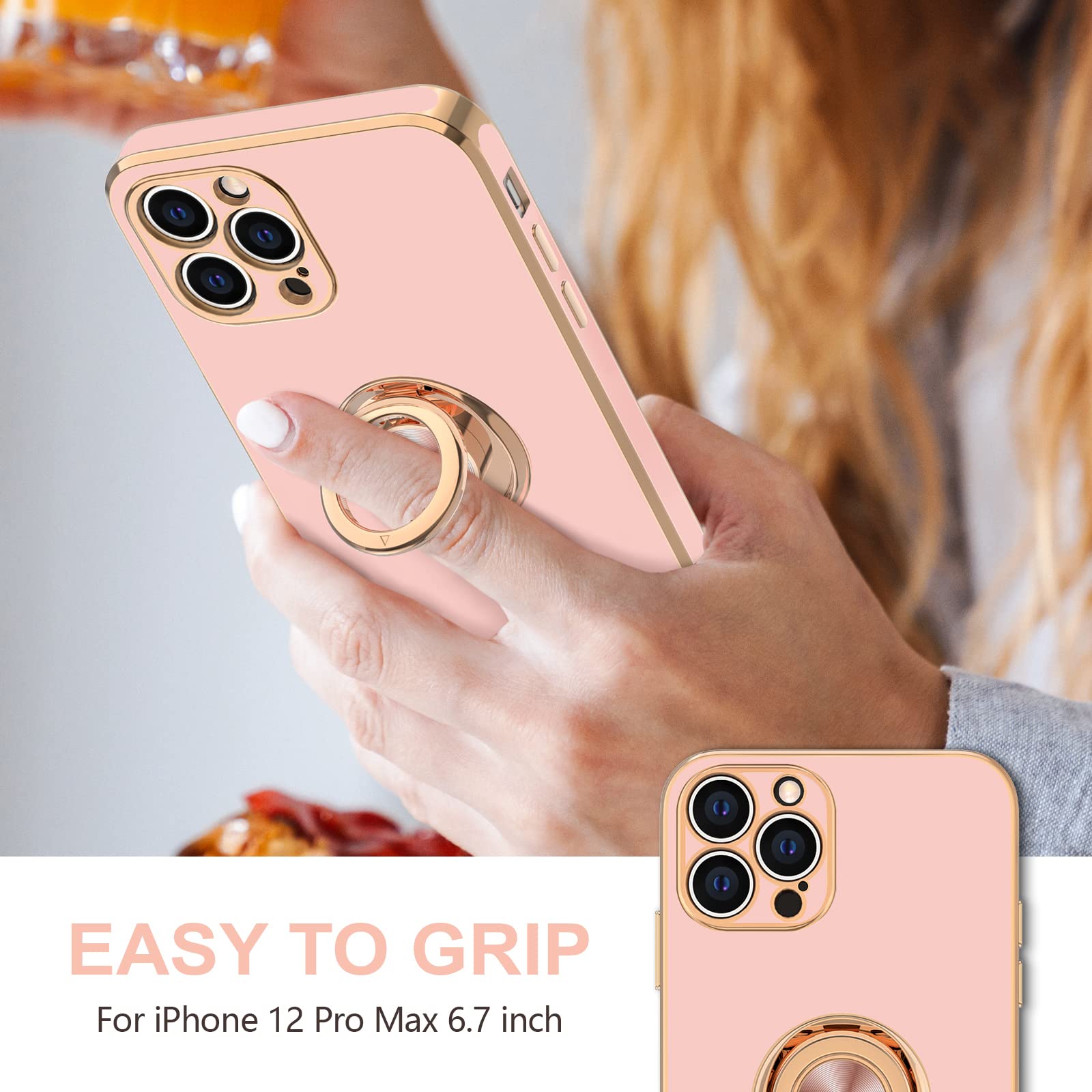Hython Magnetic Ring Stand Case for iPhone 12 Pro Max - 360° Rotatable Kickstand, Shockproof Protection with Soft Microfiber Lining & Rose Gold Edge - Perfect for Hands-Free Viewing, Workouts, and Travel (Pink)