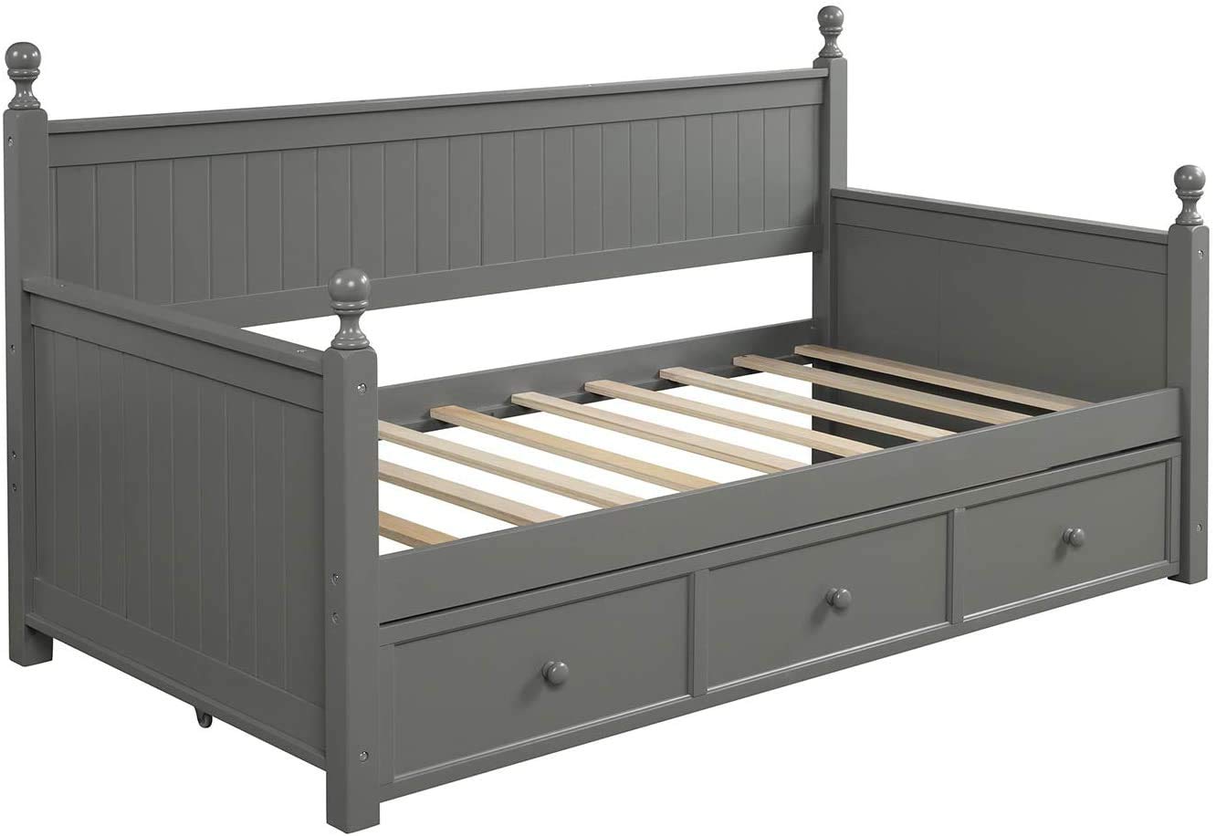 Wooden Twin Daybed with 3 Storage Drawers - No Box Spring Needed, Space-Saving Gray Daybed Frame for Guest Room, Dorm or Small Apartment
