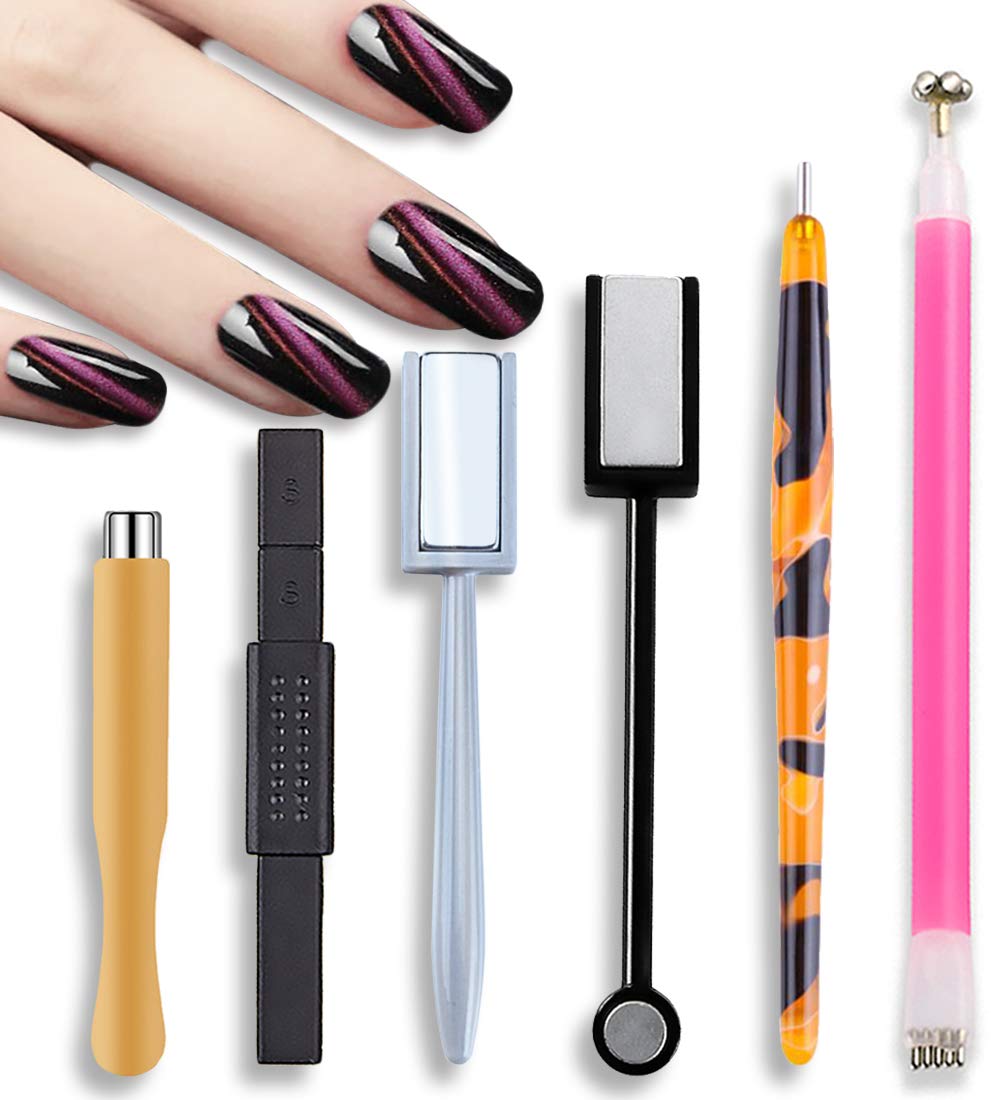 6Pcs Magnetic Nail Polish Pen Kit - SILPECWEE Cat Eye Nail Art Tools with Magnet Stick & Stand for Professional Manicure | Perfect for Salon, Home Nail Design & DIY Gel Polish Application