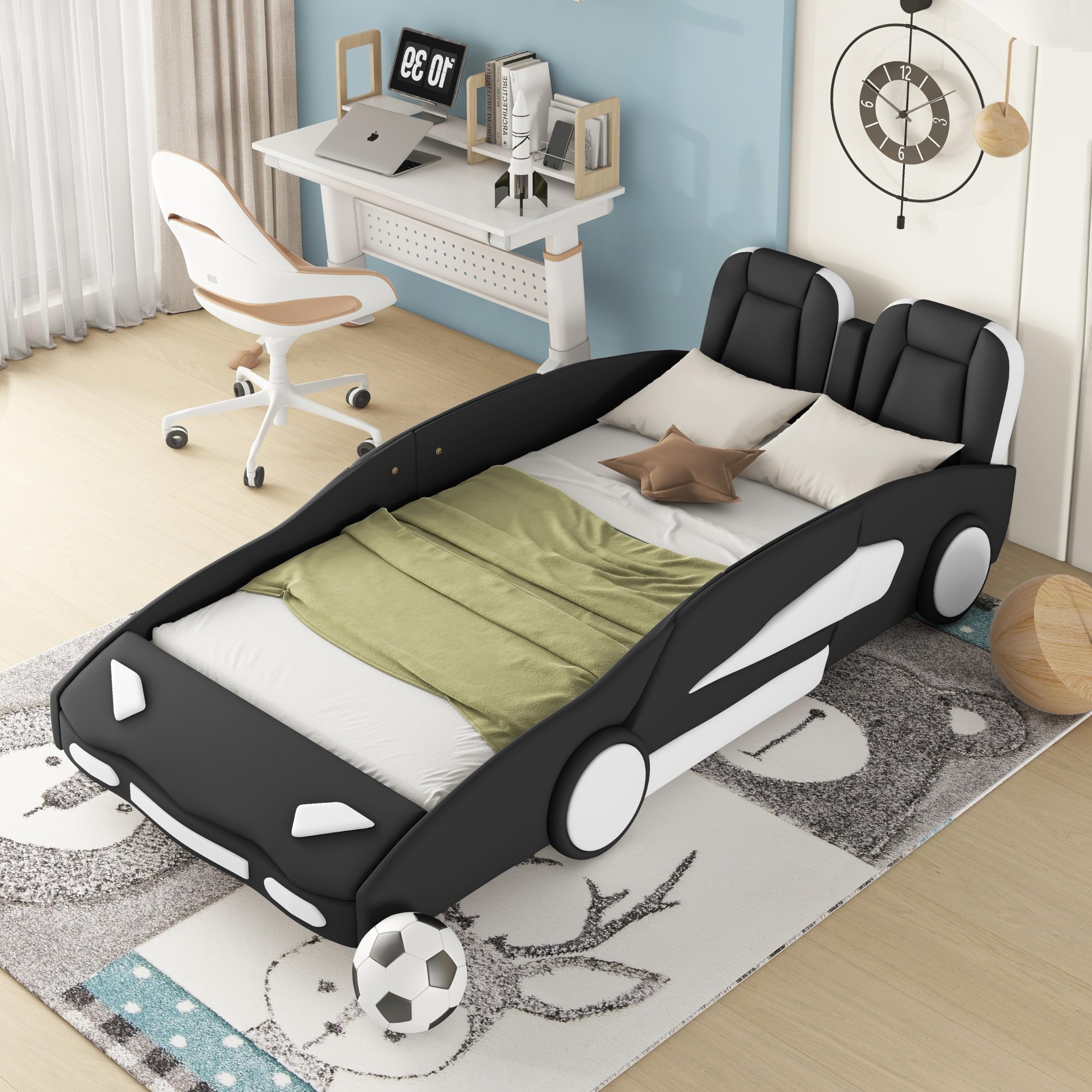 Bellemave Twin Size Race Car Platform Bed with Wheels & Guardrail - Boys Twin Bed Frame for Kids Bedroom, Playroom, or Nursery (Black) - Fun & Safe Sleep Solution for Toddlers & Children