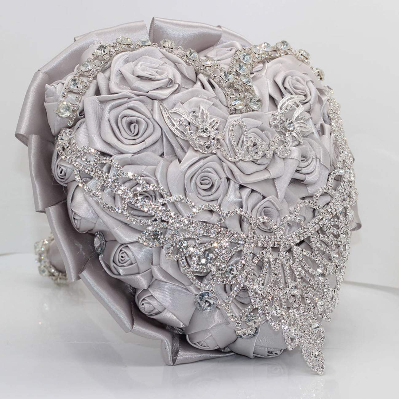 Handmade Artificial Rose Wedding Bouquet with Crystal Pearl & Satin Ribbon - Bridal Bouquet for Bride & Bridesmaids, Toss Bouquet for Wedding Ceremony, Church Events, Engagement Party, Valentine's Day Celebration & Home Décor