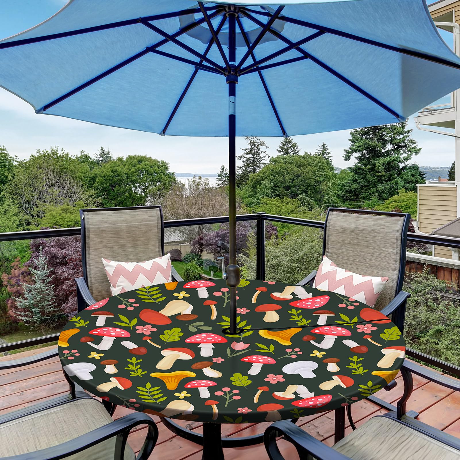 Waterproof Elastic Fitted Round Tablecloth with Umbrella Hole - Outdoor & Indoor Table Cover for Camping, Picnics, Patio, and Garden Parties
