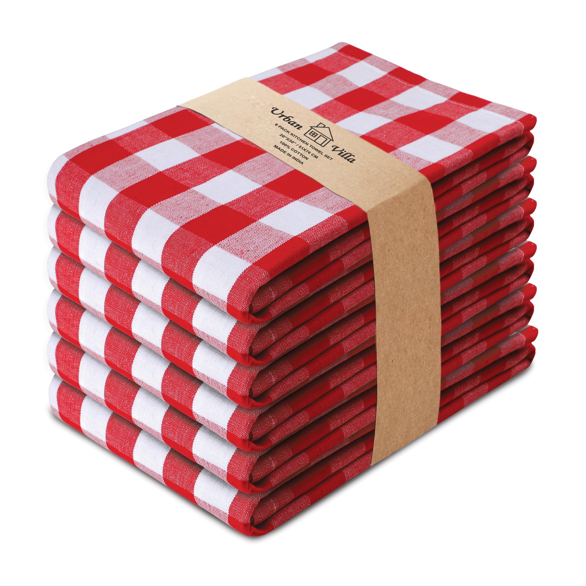 Urban Villa 6-Pack Buffalo Check Red & White Kitchen Towels - 20x30 Inches 100% Cotton, Super Absorbent & Ultra Soft with Mitered Corners | Perfect for Drying Dishes, Cleaning Countertops & Holiday Kitchen Decor