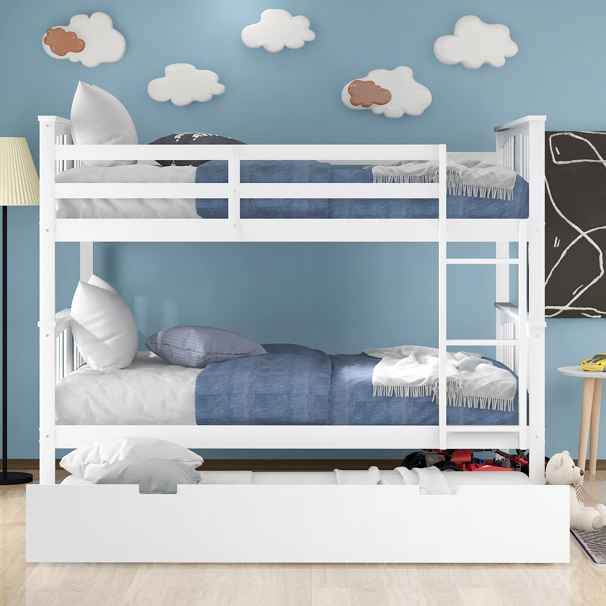 Harper & Bright Designs Full Over Full Bunk Bed with Trundle - Solid Wood Bunk Bed Frame with Ladder - Space-Saving Kids Bedroom Furniture (White) - Perfect for Shared Kids Rooms, Guest Rooms & Small Spaces