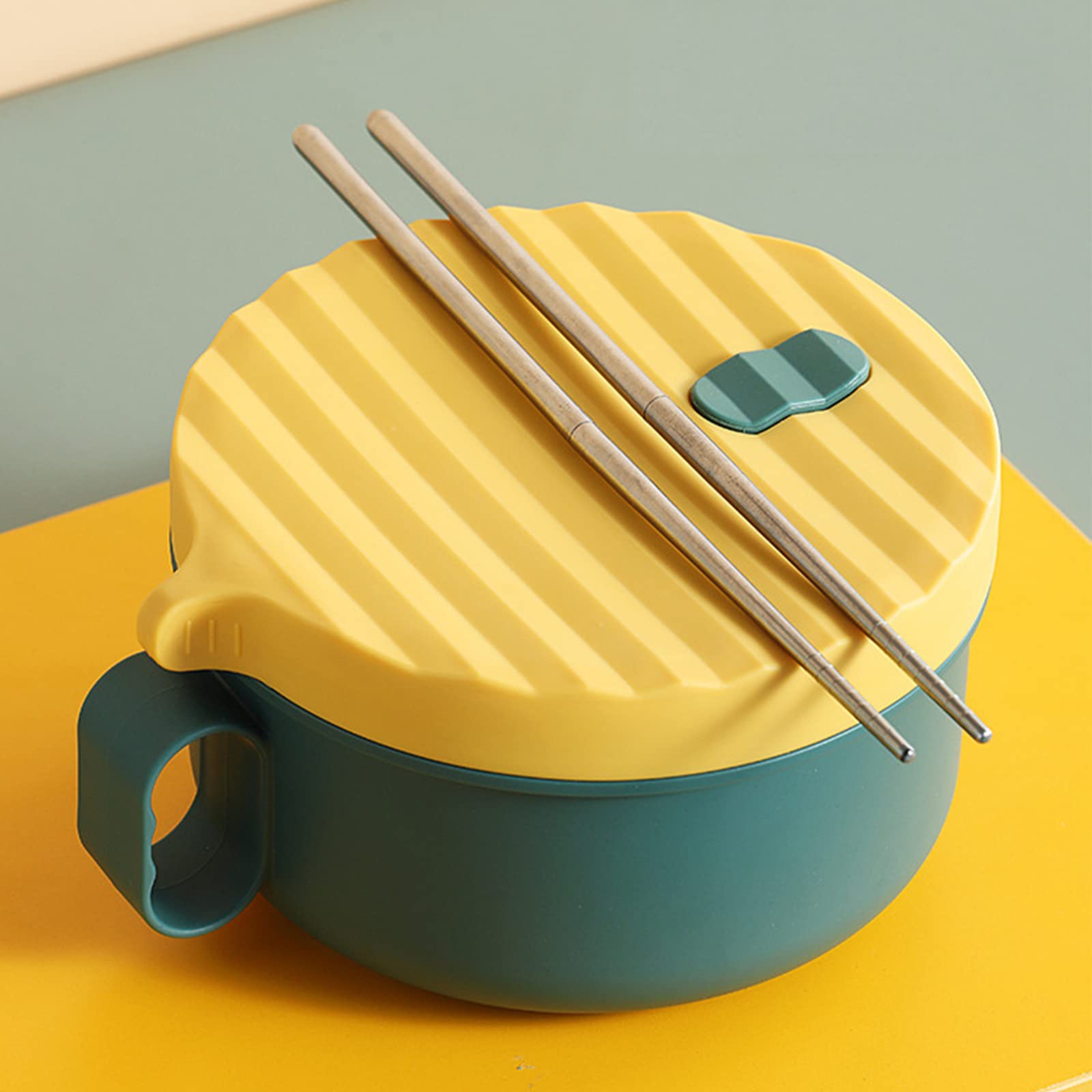 Microwave Safe Ramen Noodle Bowl with Lid & Chopsticks - BPA-Free, Dishwasher Safe, Easy Grip Handles - Perfect for Home, Office, College Dorm (Yellow & Green) - Quick Meals, Instant Noodles, Soup & Snacks
