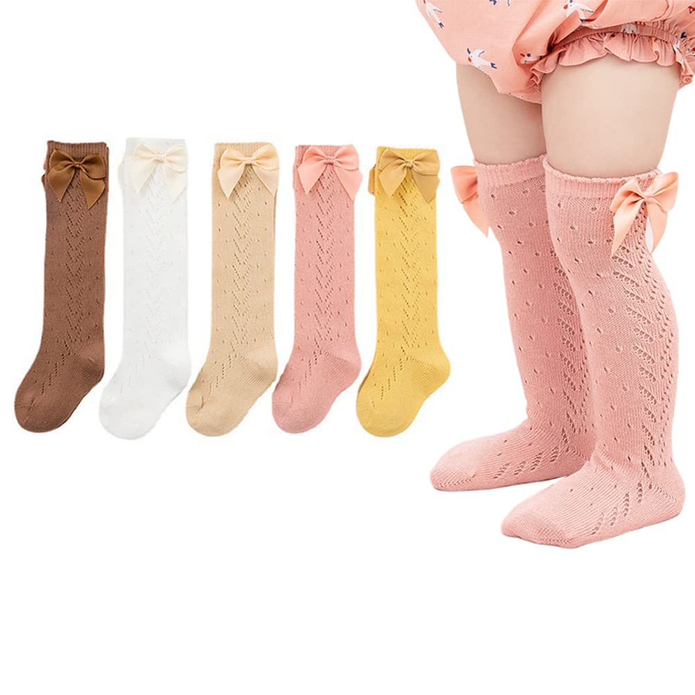 Baby Girls Knee High Mesh Socks - Breathable Bow Knot Princess Dress Socks for Infants & Toddlers (5-Pack) | Perfect for Party Outfits, Daily Wear & Special Occasions