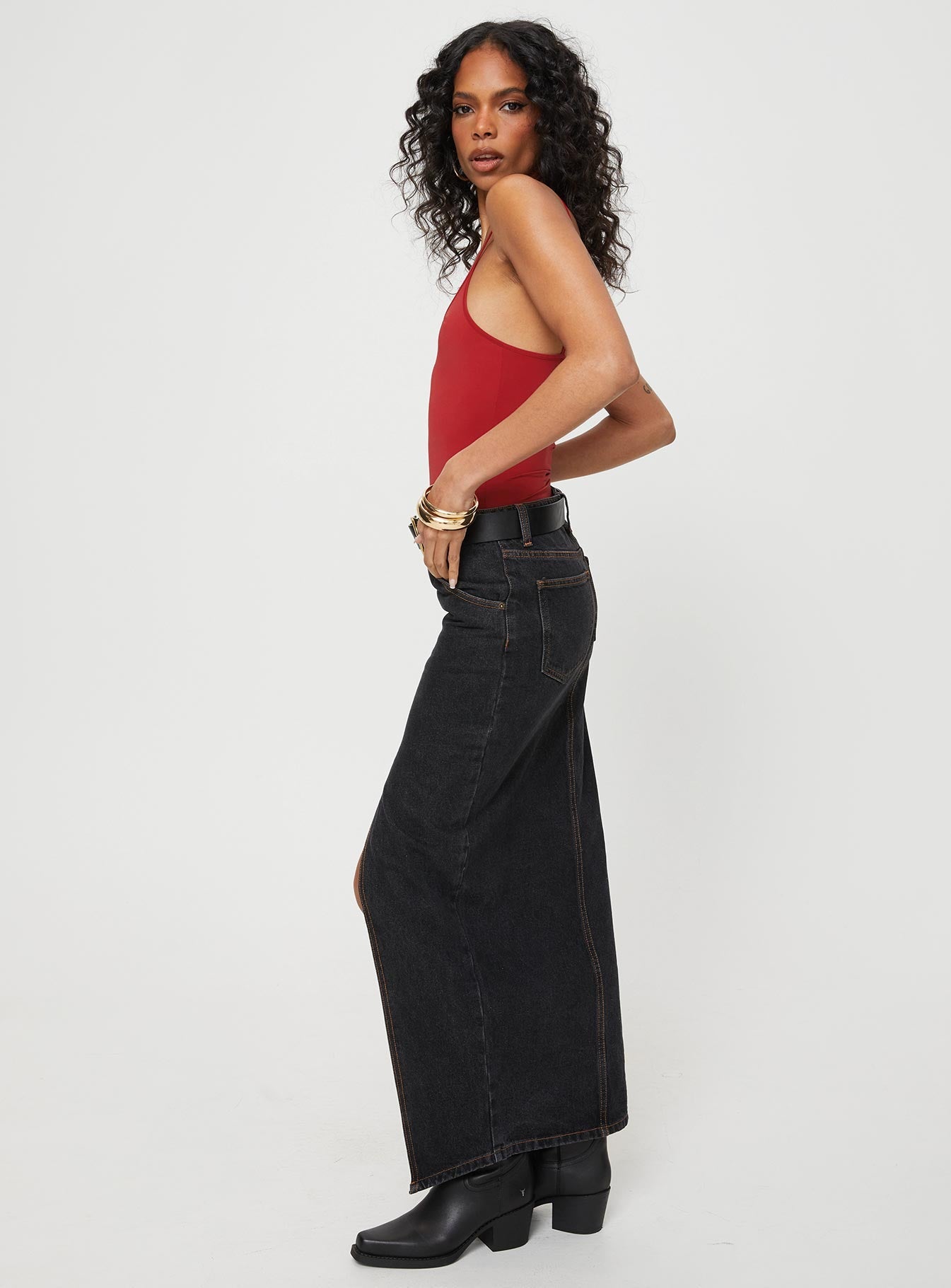 Barbara Split Midi Skirt - Women's High Waist Flowy Skirt with Side Slits, Charcoal Gray - Perfect for Casual Outings, Date Nights & Office Wear